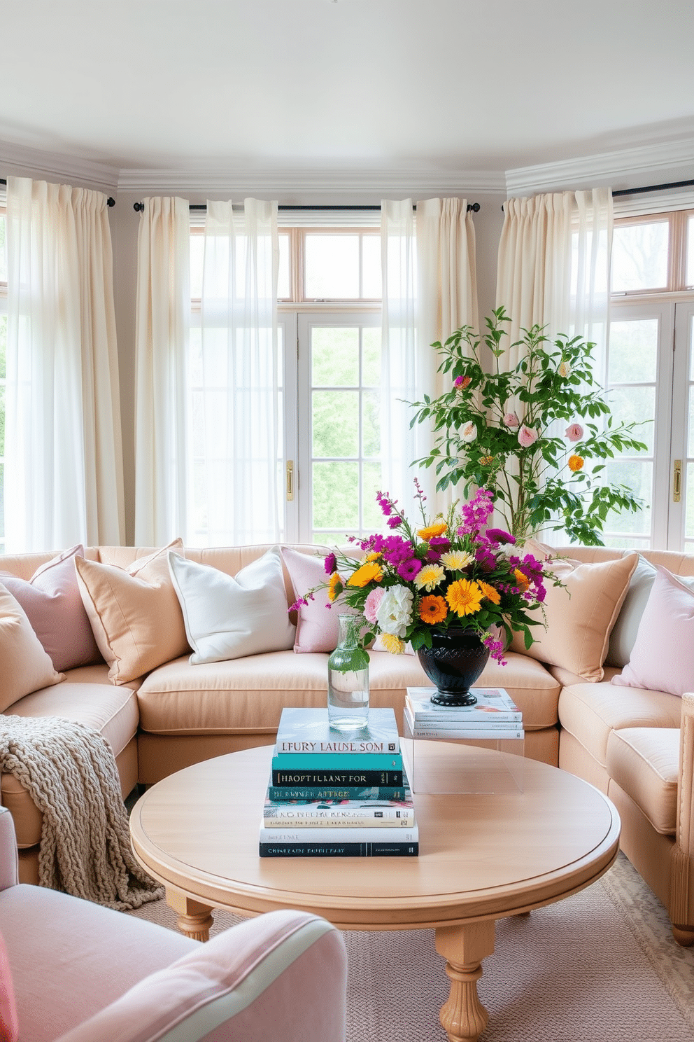 A cozy spring living room filled with a mix of textures and colors. Soft pastel cushions in various fabrics are scattered across a plush beige sofa, inviting relaxation and comfort. Large windows draped with sheer white curtains allow natural light to flood the space. A light wooden coffee table sits in the center, adorned with a vibrant floral arrangement and a stack of art books.