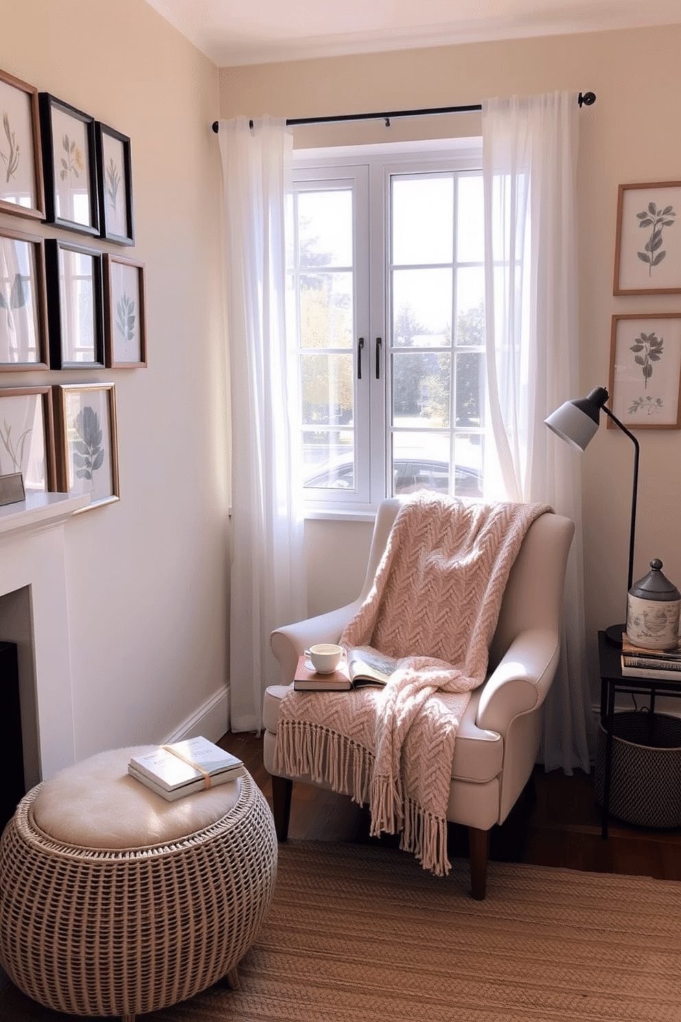 A cozy reading nook by the window features a plush armchair in a soft pastel color, adorned with a knitted throw blanket. A small side table holds a steaming cup of tea and a stack of well-loved books, while sheer curtains gently filter the sunlight. Surrounding the nook, the walls are painted in a warm cream hue, complemented by a gallery of framed botanical prints. A woven area rug anchors the space, adding texture and warmth to the inviting atmosphere.