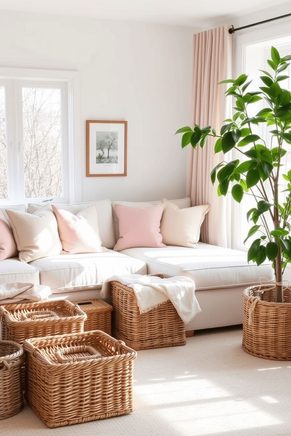 A bright and airy living room filled with natural light. The space features a comfortable sectional sofa adorned with pastel-colored throw pillows and a soft area rug underfoot. In one corner, there are wicker baskets neatly arranged for stylish storage, adding texture and warmth to the room. A large potted plant sits beside the window, enhancing the spring vibe with fresh greenery.