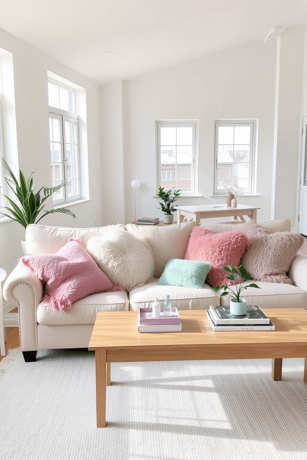 A cozy loft living area adorned with pastel colored throw pillows in various shades of pink, mint, and lavender. The pillows are arranged on a plush cream sofa, inviting relaxation and comfort against the backdrop of large windows that let in natural light. The walls are painted in a soft white, creating a bright and airy atmosphere. A light wooden coffee table sits in front of the sofa, topped with a few decorative books and a small potted plant, enhancing the spring theme of the space.