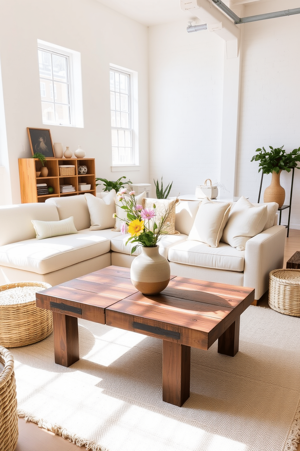 A bright and airy loft space decorated for spring. The room features a large sectional sofa adorned with pastel-colored cushions, and woven baskets are strategically placed for stylish storage. Natural light floods in through large windows, highlighting a reclaimed wood coffee table at the center. Fresh flowers in a ceramic vase add a touch of color, while a soft area rug anchors the seating area.