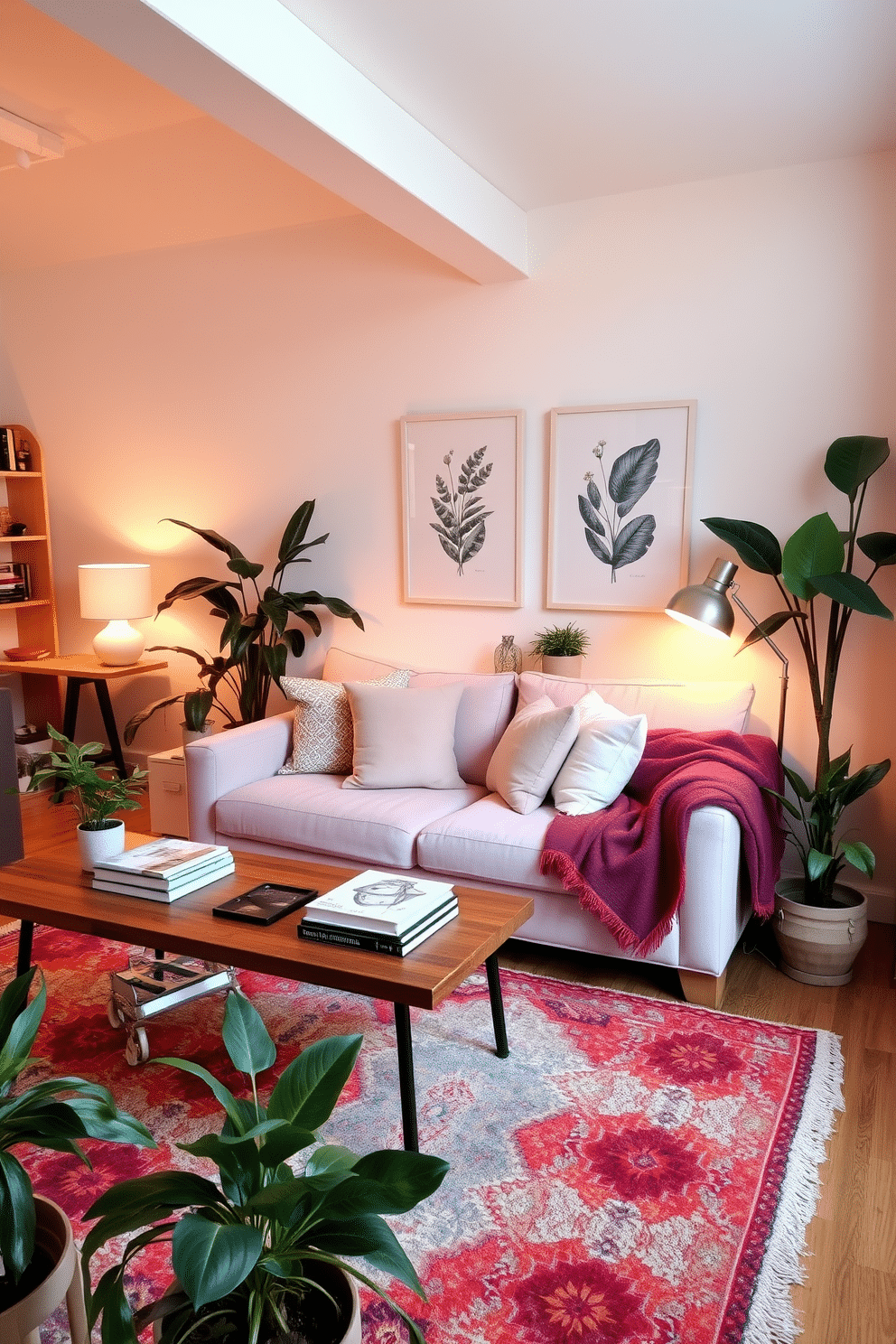 A cozy loft space adorned with soft lighting from stylish lamps that create a warm and inviting atmosphere. The decor features pastel-colored cushions and throws on a plush sofa, complemented by a wooden coffee table with a stack of art books. The walls are adorned with botanical prints, adding a fresh touch to the space. A vibrant area rug anchors the seating area, while potted plants bring life and a pop of color to the room.