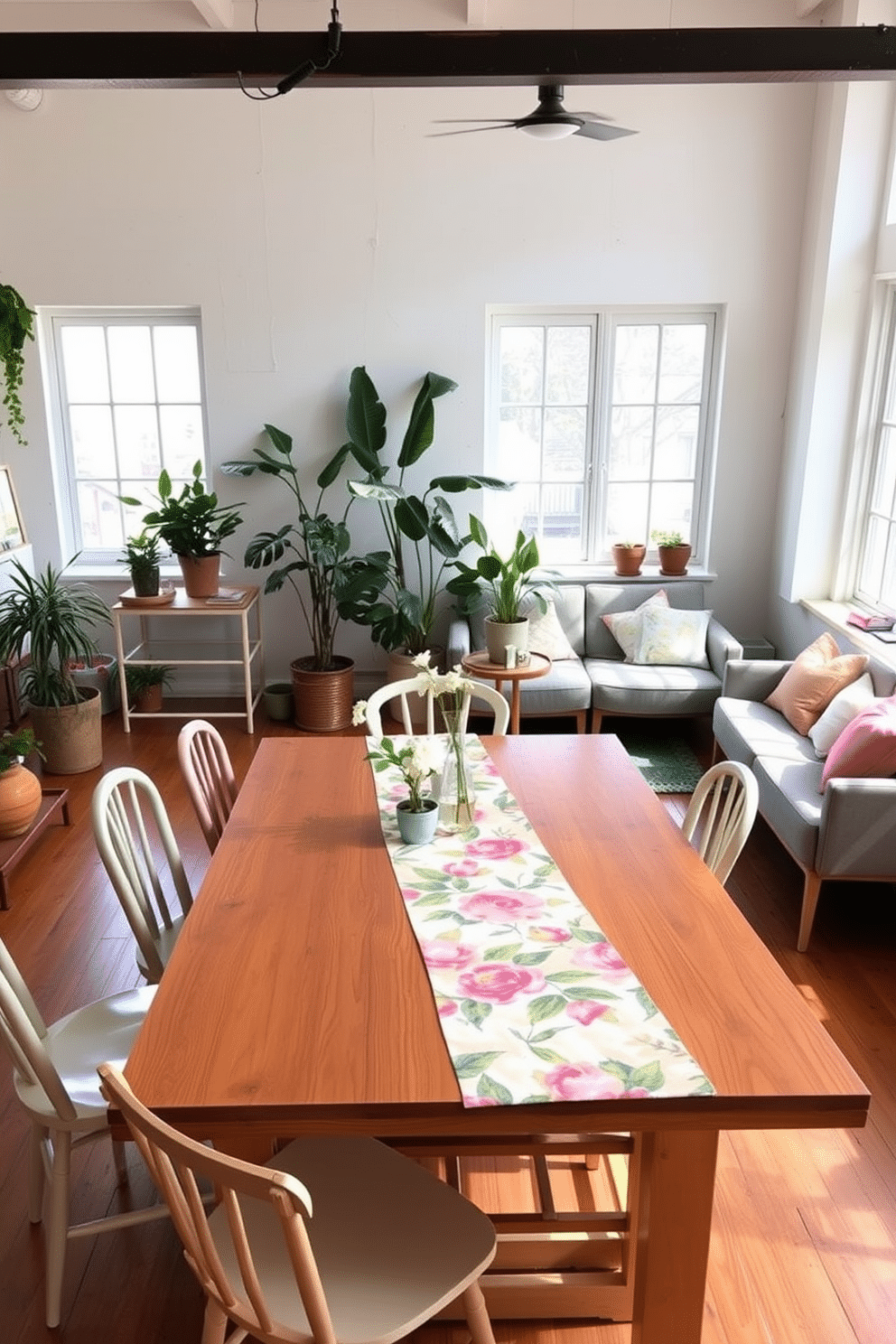 A bright and airy loft space decorated for spring. The focal point is a large wooden dining table adorned with a vibrant table runner featuring floral patterns, surrounded by mismatched chairs in pastel hues. Natural light floods the room through large windows, highlighting the fresh greenery in potted plants placed strategically around the space. Soft throw pillows in cheerful colors add comfort to a cozy seating area in one corner, inviting relaxation and conversation.