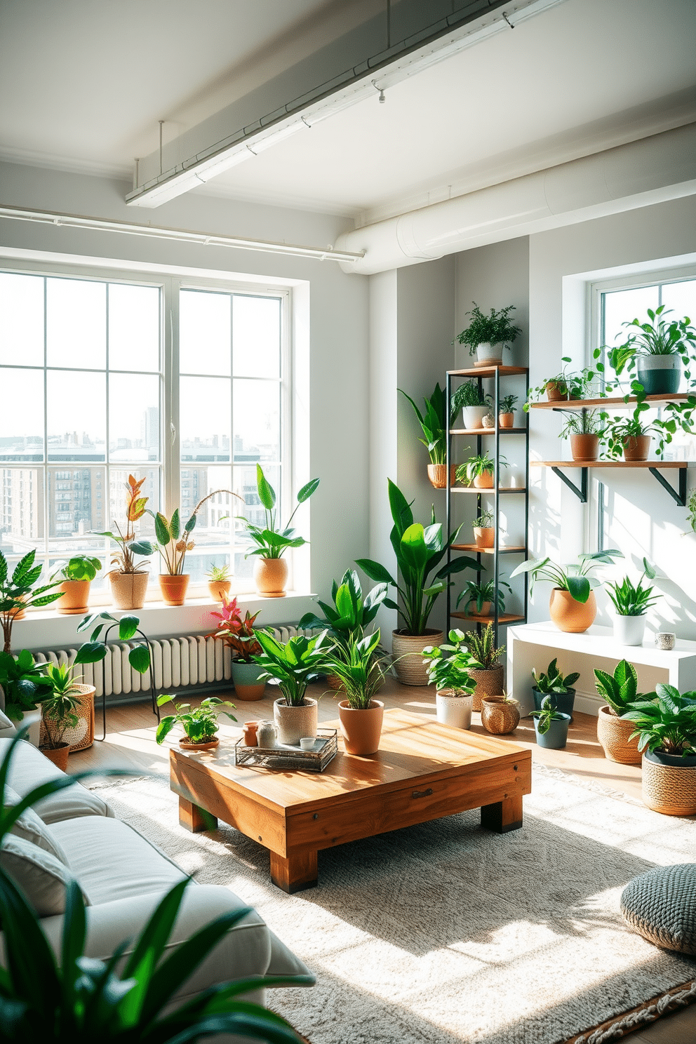 A bright and airy loft space filled with natural light. Large windows frame the room, allowing sunlight to illuminate the vibrant potted plants scattered throughout the space. The decor features a mix of modern and rustic elements, with a wooden coffee table and soft, textured rugs. Shelves adorned with various sizes of greenery add a refreshing touch to the spring-inspired ambiance.