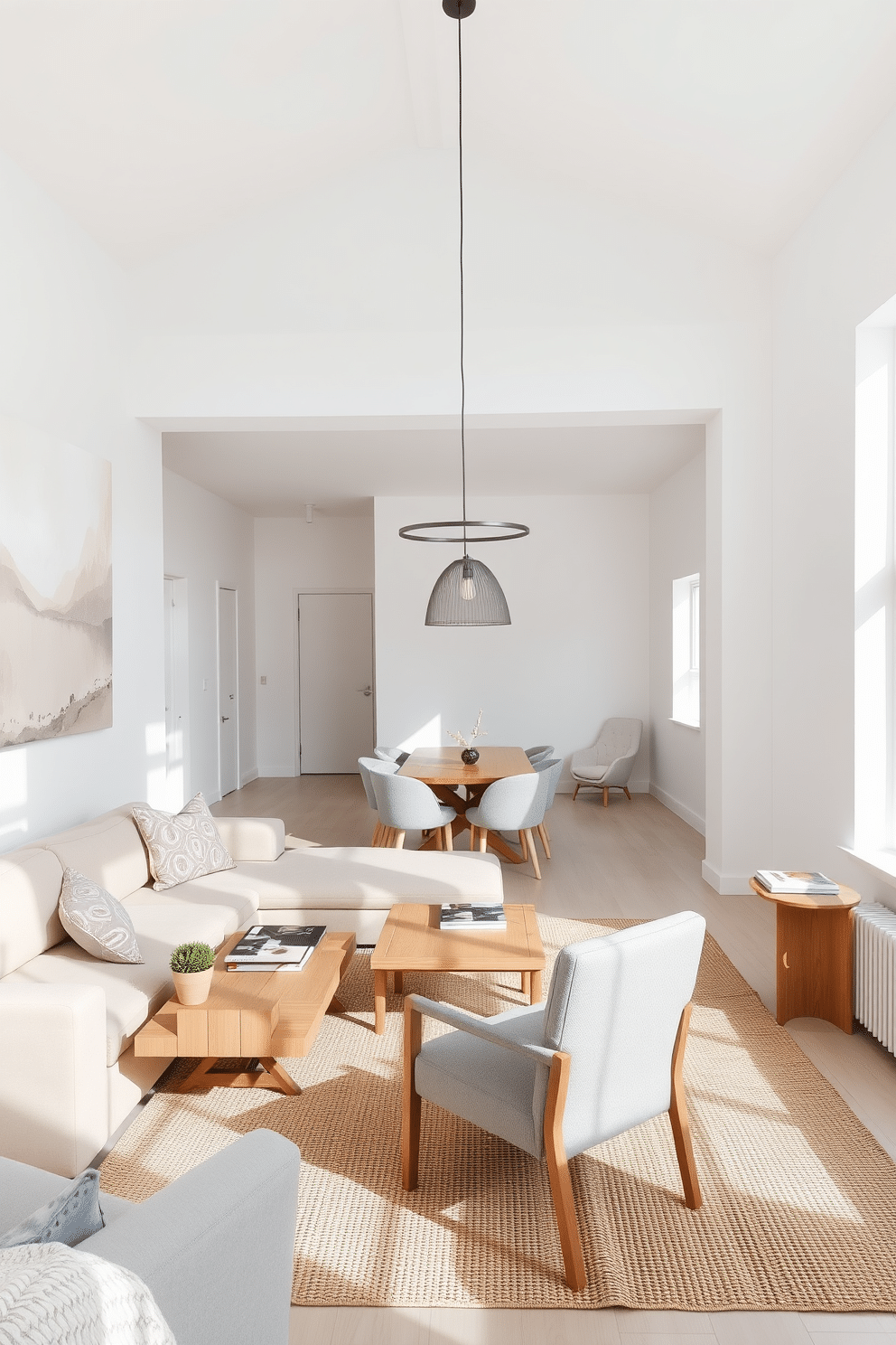 A bright and airy loft space with large windows allowing natural light to flood in. The walls are painted in soft white, creating a serene backdrop for the carefully curated decor. In the living area, a plush beige sectional sofa is paired with a light wood coffee table adorned with a few decorative books and a small potted plant. A large abstract painting in pastel hues hangs above the sofa, adding a touch of color to the neutral palette. The dining area features a sleek wooden dining table surrounded by upholstered chairs in a soft gray fabric. A statement pendant light with a modern design hangs above the table, providing a focal point while maintaining the airy feel of the space. In one corner, a cozy reading nook is created with a neutral-toned armchair and a small side table holding a stack of magazines. A woven rug in natural fibers adds warmth and texture to the loft, enhancing the inviting atmosphere.