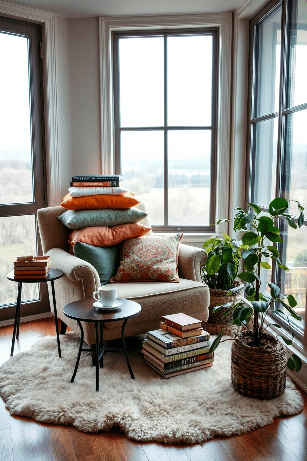 Create a cozy reading nook featuring a plush armchair with an assortment of colorful cushions piled on top. A small side table holds a steaming cup of tea and a stack of books, inviting relaxation and comfort. Surround the nook with large windows that allow natural light to flood in, enhancing the airy atmosphere. Add a soft area rug beneath the chair to create warmth and define the space, complemented by indoor plants for a touch of freshness.