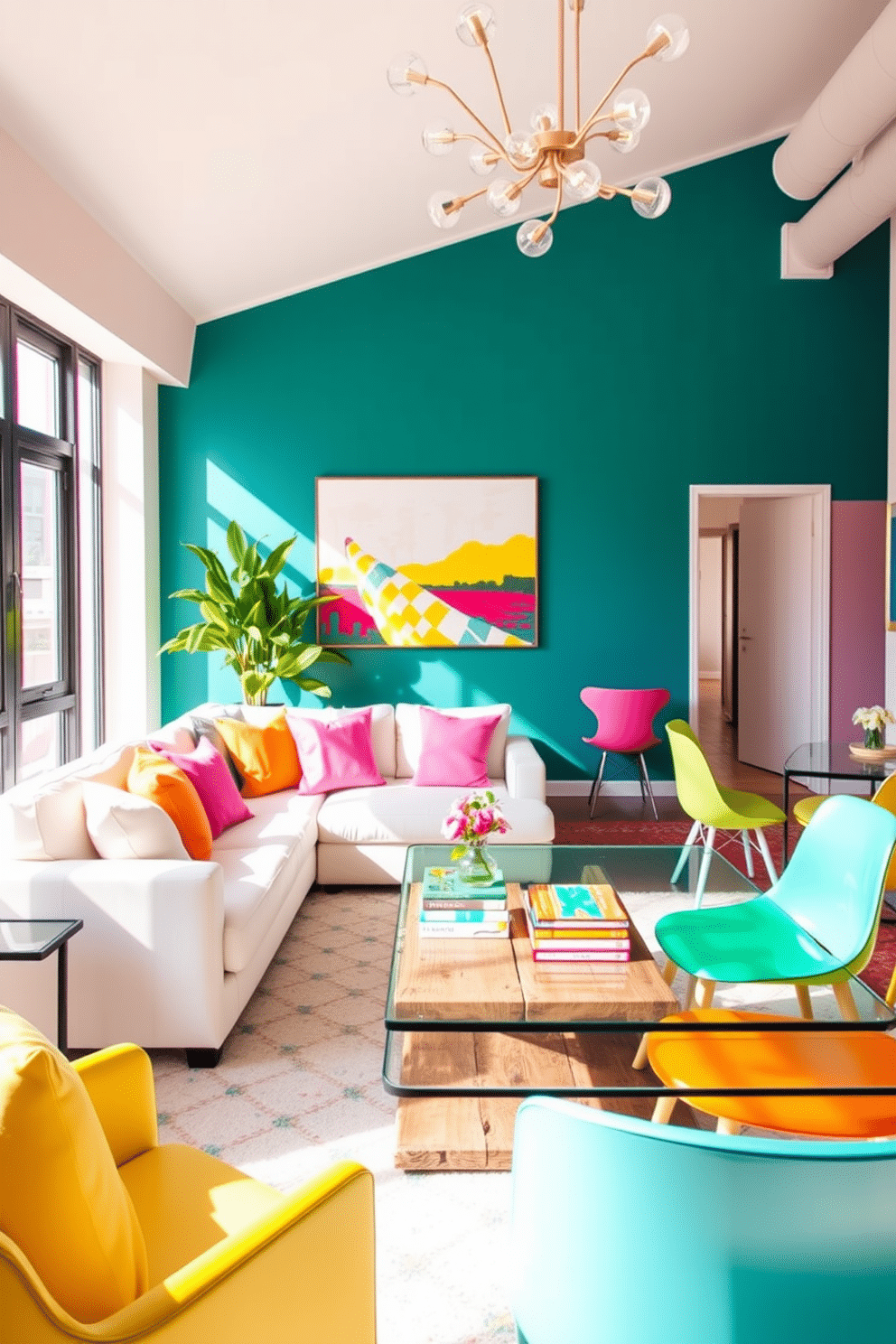 A vibrant accent wall painted in a deep teal sets the tone for a lively spring loft. The surrounding walls are adorned with soft pastel colors, creating a fresh and inviting atmosphere. In the living area, a plush white sectional sofa is complemented by bright yellow and pink throw pillows. A large abstract painting hangs above the sofa, pulling together the color scheme and adding a focal point to the space. Natural light floods the room through large windows, highlighting a beautiful indoor plant in the corner. A stylish coffee table made of reclaimed wood sits in the center, topped with a stack of colorful art books and a small vase of fresh flowers. The dining area features a sleek glass table surrounded by mismatched chairs in cheerful hues. A whimsical light fixture hangs above, casting a warm glow that enhances the springtime feel of the loft.