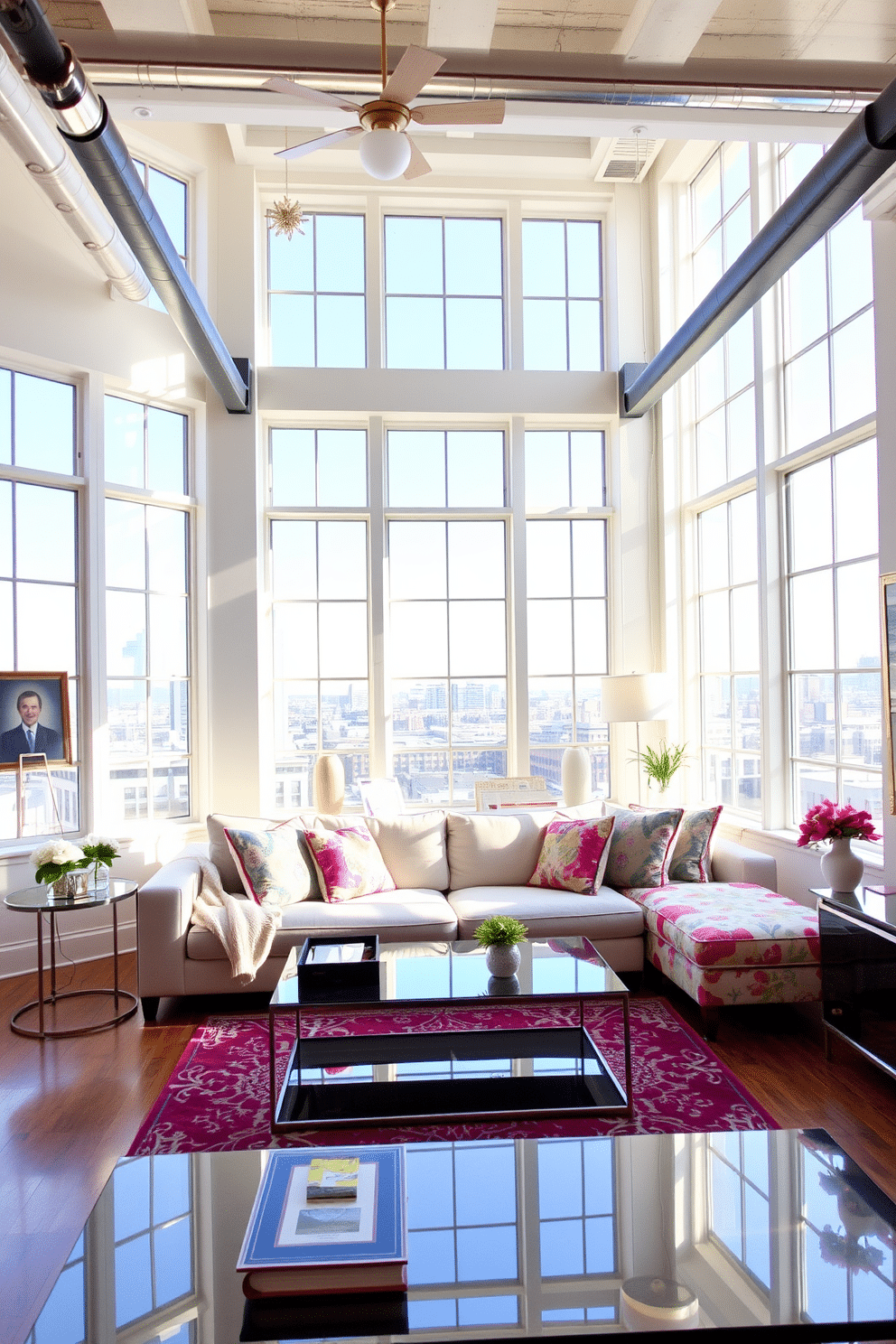 A bright and airy loft space featuring large windows that flood the room with natural light. The decor includes a mix of soft pastel colors and vibrant floral patterns, creating a fresh and inviting atmosphere. Incorporate metallic accents such as brass light fixtures and silver picture frames to add a touch of elegance. A comfortable seating area with a plush sofa and colorful throw pillows is complemented by a sleek coffee table with a reflective surface.