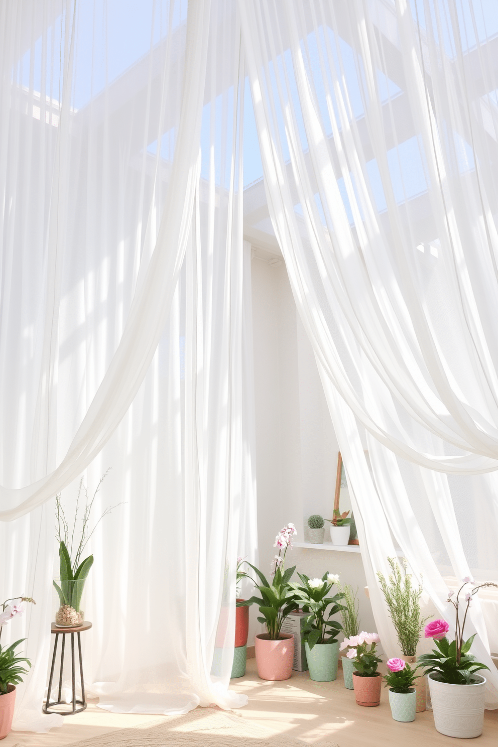 Lightweight sheer curtains drape gracefully from the ceiling, allowing soft natural light to filter into the space. The curtains create an airy feel, complementing the bright and open atmosphere of the spring loft. Decorative accents in pastel colors are scattered throughout the room, bringing a fresh and vibrant touch. Potted plants and floral arrangements enhance the seasonal theme, creating a welcoming and cheerful environment.