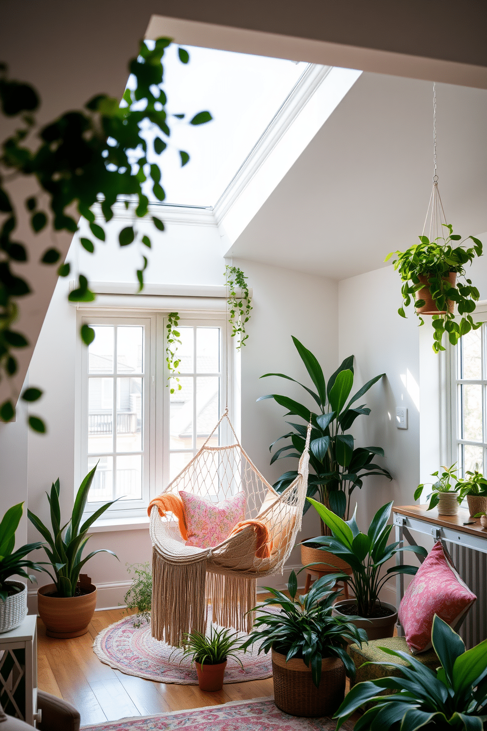 A bright and airy loft space filled with natural light. The decor features soft pastel colors and lush greenery, creating a refreshing spring atmosphere. In one corner, a cozy hammock chair is suspended from the ceiling, inviting relaxation. Surrounding the chair are potted plants and colorful throw pillows that enhance the cheerful vibe.