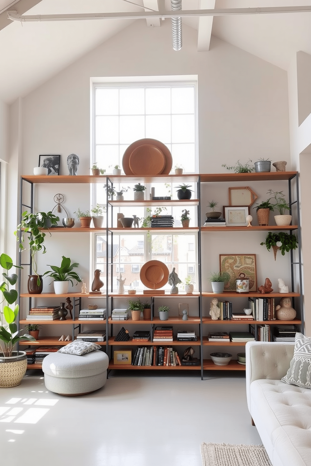 A bright and airy loft space featuring open shelving adorned with a curated selection of decorative items. The shelves are filled with plants, books, and unique sculptures, creating a vibrant focal point in the room. The walls are painted in a soft pastel hue, enhancing the light and spacious feel of the loft. Natural light floods in through large windows, illuminating the carefully arranged decor and inviting a sense of warmth and creativity.