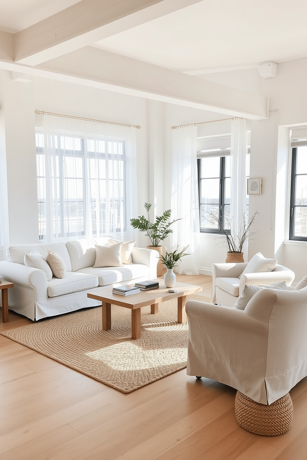 A bright and airy loft space featuring light fabrics for upholstery. The furniture includes a plush white sofa adorned with pastel throw pillows and a soft linen armchair in a light beige tone. Natural light floods the room through large windows with sheer curtains that gently sway in the breeze. A light wood coffee table sits in the center, complemented by a woven rug that adds texture and warmth to the space.