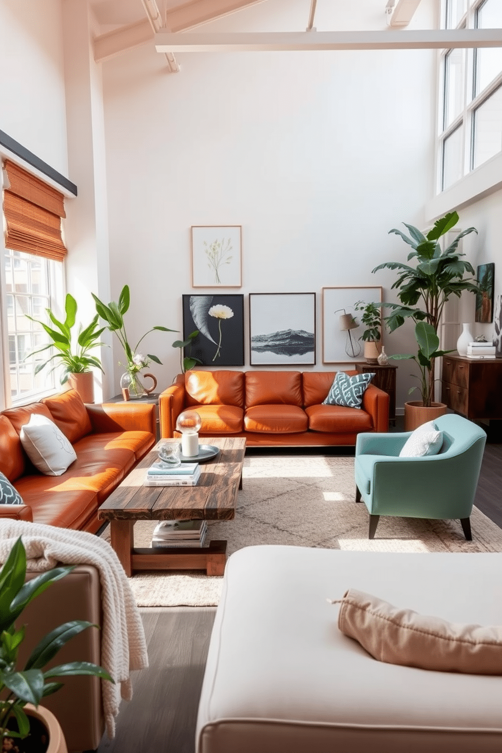 A bright and airy loft space featuring a large statement piece of furniture such as a vintage leather sofa in a rich cognac color. The walls are adorned with light pastel shades, and natural light floods in through expansive windows, highlighting a mix of modern and rustic decor elements. In one corner, a reclaimed wood coffee table contrasts beautifully with the sleek lines of contemporary art pieces hanging above. Potted plants and soft textiles add warmth and comfort, creating an inviting atmosphere perfect for spring.