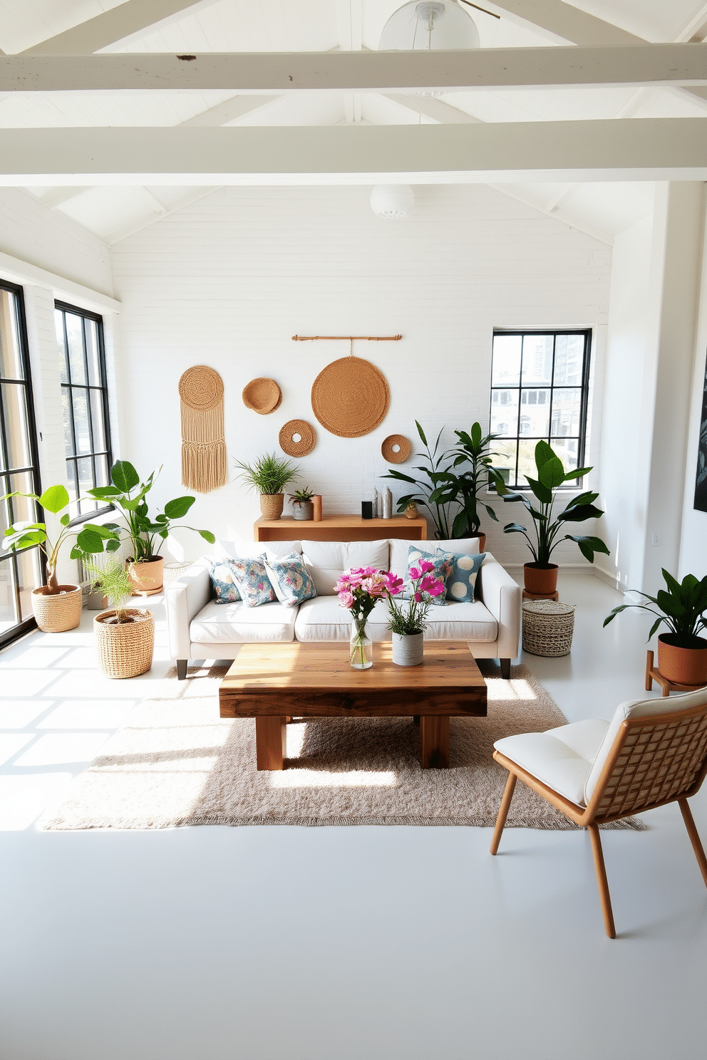 A bright and airy loft space with large windows allowing natural light to flood in. The walls are painted a soft white, and a mix of textured elements like a plush area rug and woven wall hangings add depth. In the center, a contemporary sofa in a light pastel color is paired with a rustic wooden coffee table. Potted plants and fresh flowers bring a touch of nature, while colorful throw pillows add a playful pop to the decor.