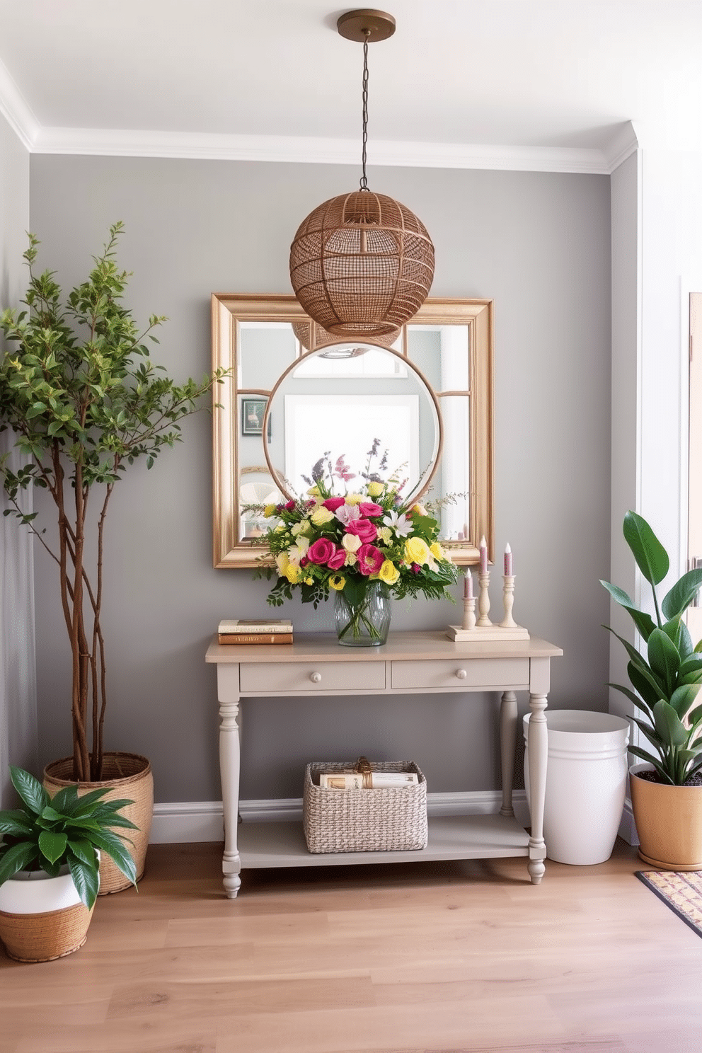 Create an inviting entryway with decor that reflects a fresh and airy spring atmosphere. Incorporate light pastel colors and natural materials to enhance the welcoming feel. Position a stylish console table against the wall adorned with a vibrant floral arrangement. Flank the entryway with potted plants and a large mirror to create depth and brightness.