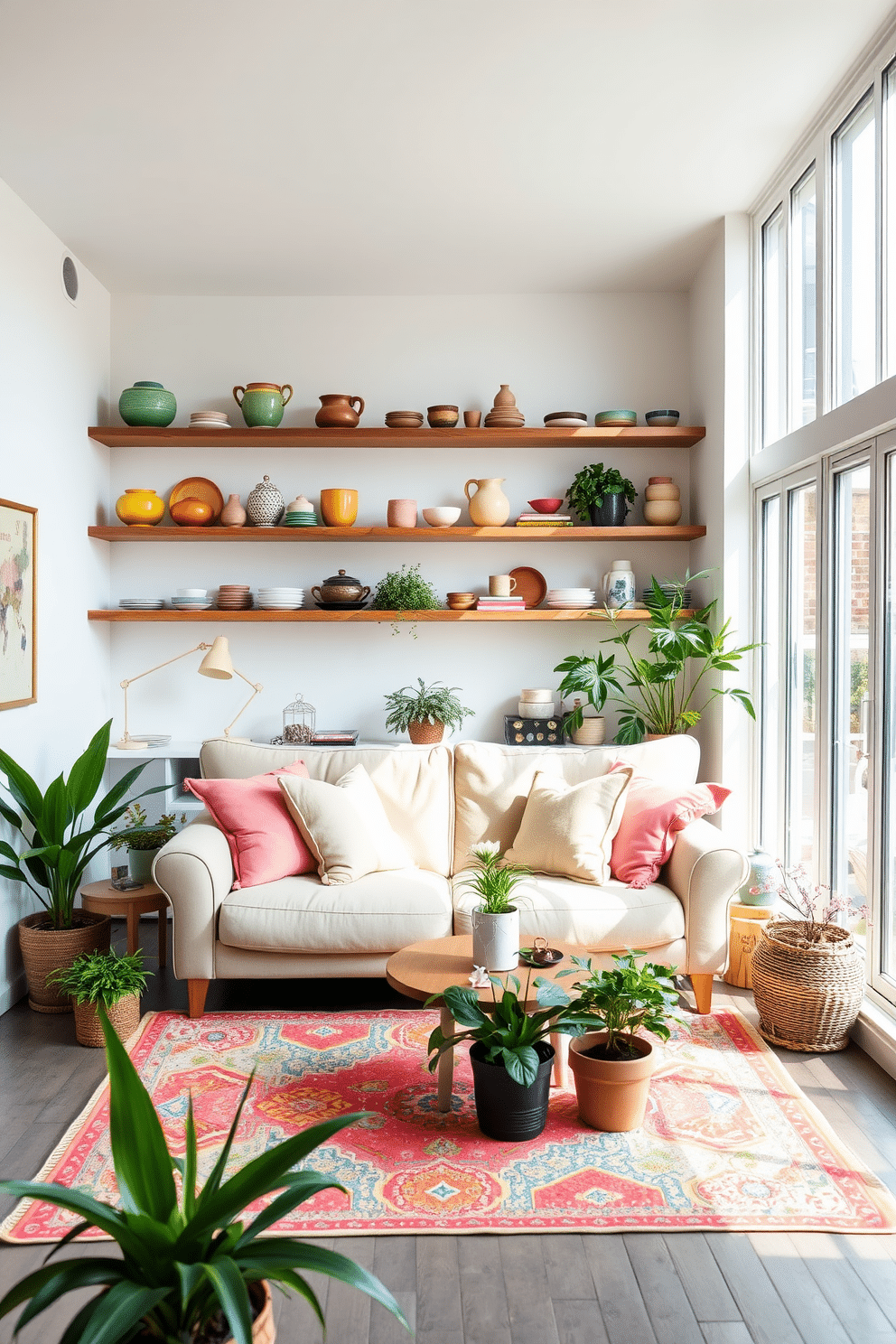 A bright and airy loft space decorated for spring features large windows that let in natural light. The walls are painted in a soft white, creating a fresh backdrop for colorful ceramics displayed on open shelves. A cozy seating area includes a plush sofa adorned with pastel-colored throw pillows. A vibrant area rug anchors the space, while potted plants add a touch of greenery and life to the decor.