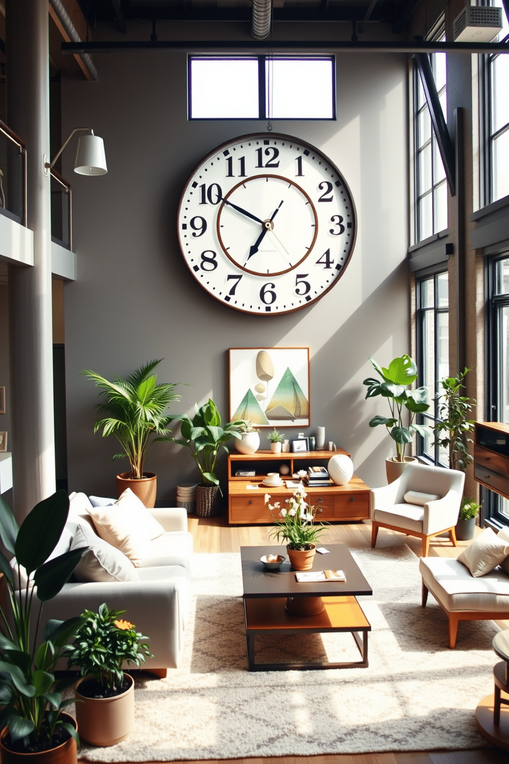 A spacious loft living area features an oversized wall clock as the focal point, drawing attention with its intricate design and bold numbers. Surrounding the clock are soft pastel accents, including throw pillows and a cozy area rug, creating a fresh spring atmosphere. Natural light floods the space through large windows, illuminating a mix of modern furniture and vintage decor. Potted plants are strategically placed throughout the room, adding a touch of greenery and enhancing the seasonal theme.