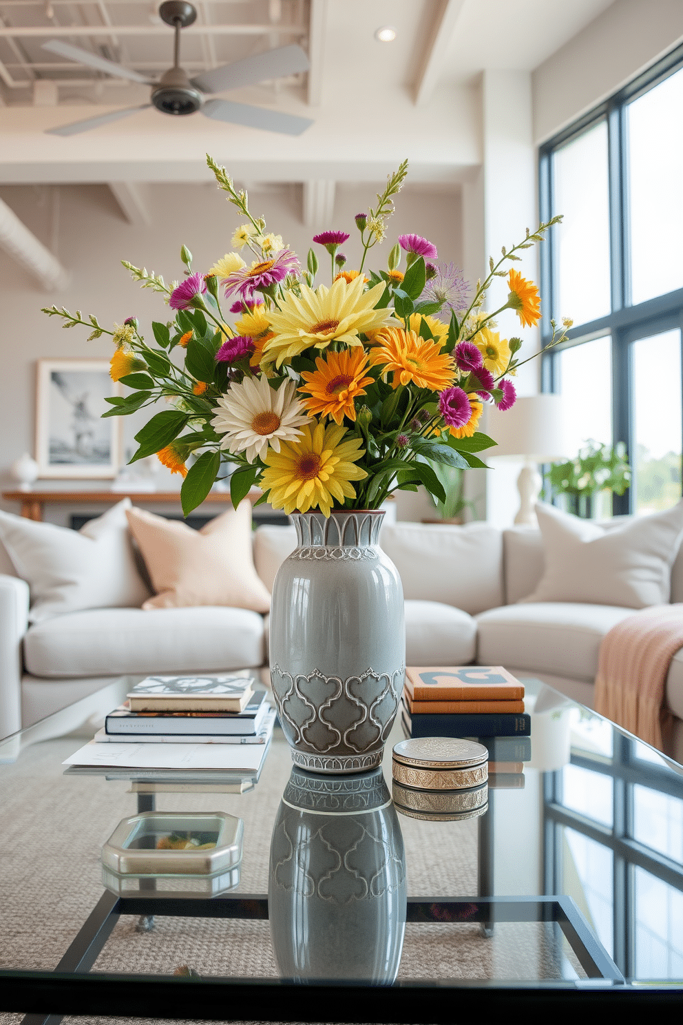 A stylish coffee table centerpiece featuring a large ceramic vase filled with fresh seasonal flowers sits prominently on a sleek glass coffee table. Surrounding the vase, a collection of decorative books and a few elegant coasters add a touch of sophistication to the arrangement. In the background, the loft space is adorned with soft pastel colors and natural textures, creating a warm and inviting atmosphere. Large windows allow ample natural light to flood the room, enhancing the fresh and airy feel of the spring decor.