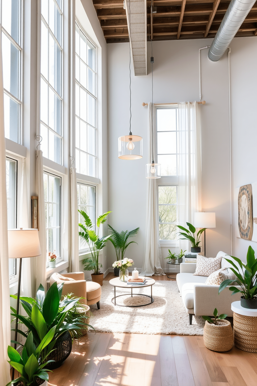 A bright and airy loft space featuring large windows that allow natural light to flood in. The room is decorated with soft pastel colors and vibrant greenery, creating a fresh spring atmosphere. Layered lighting is used to enhance the ambiance, with pendant lights hanging over a cozy seating area and floor lamps placed strategically in the corners. A mix of textures, such as a plush area rug and lightweight curtains, adds depth and warmth to the space.