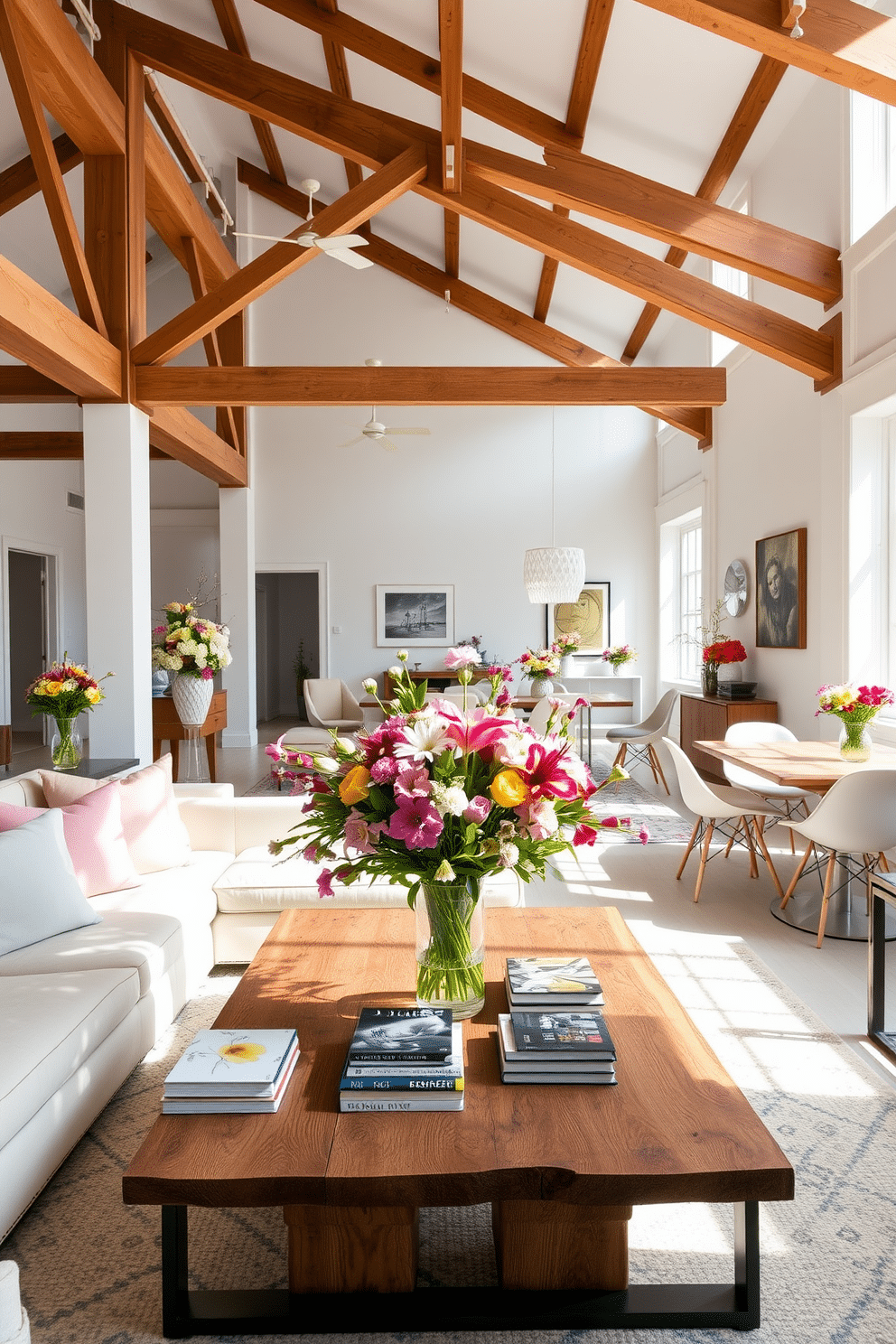 A bright and airy loft space filled with natural light. Fresh flowers in elegant vases are placed throughout the room, adding vibrant colors and a touch of nature. The living area features a comfortable sectional sofa with pastel-colored cushions. A large coffee table made of reclaimed wood is adorned with a floral centerpiece and art books. The dining area includes a sleek table surrounded by modern chairs. A stunning floral arrangement sits in the center, enhancing the inviting atmosphere of the space. The walls are painted in soft white, complementing the wooden beams that add character. Decorative elements such as wall art and patterned textiles create a cozy yet stylish ambiance.