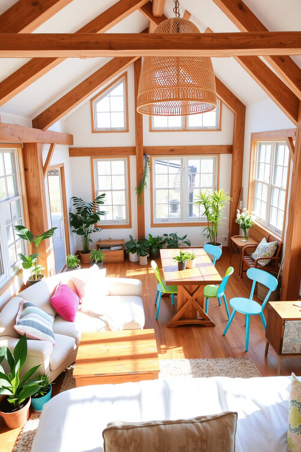 A bright and airy loft space adorned with natural wood accents. Large windows allow sunlight to flood in, highlighting the warm tones of the wooden furniture and beams. The living area features a plush sectional sofa in soft pastel hues, complemented by a rustic wooden coffee table. A collection of potted plants adds a fresh touch, bringing the essence of spring indoors. In the dining nook, a reclaimed wood table is surrounded by mismatched chairs in cheerful colors. Above, a statement pendant light made of woven natural fibers creates an inviting atmosphere for gatherings. The bedroom showcases a wooden bed frame with crisp white linens and colorful throw pillows. A cozy reading corner is created with a comfortable chair and a small wooden side table, perfect for enjoying morning coffee.