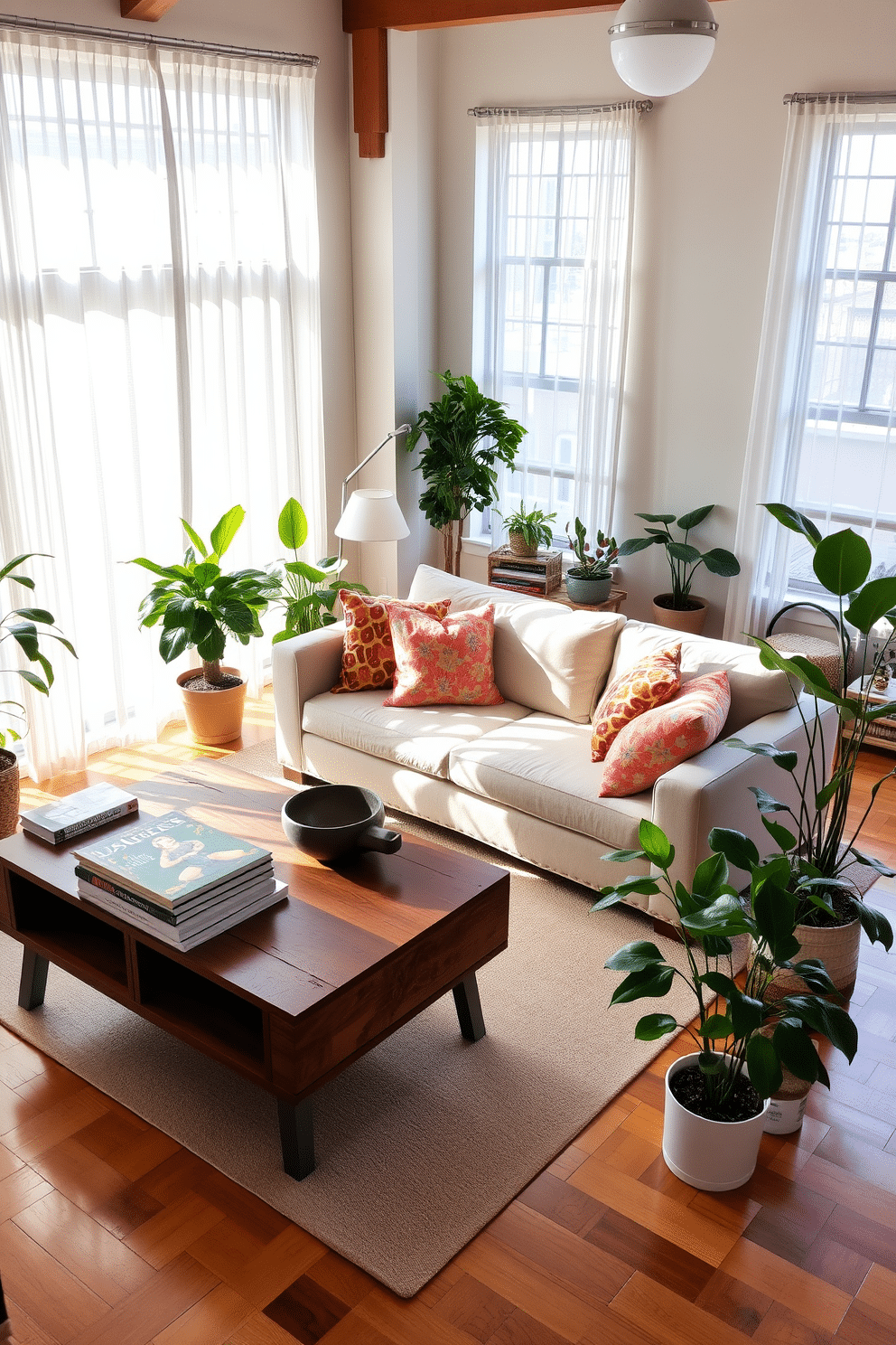 A cozy loft living area filled with natural light. There are large windows adorned with sheer white curtains, allowing sunlight to filter in softly. In the center, a plush sectional sofa is complemented by colorful throw pillows. A large area rug with a subtle pattern adds warmth and texture to the hardwood floor. On one side, a wooden coffee table is topped with a stack of art books and a decorative bowl. Potted plants in various sizes bring a touch of greenery to the space, enhancing the spring vibe.