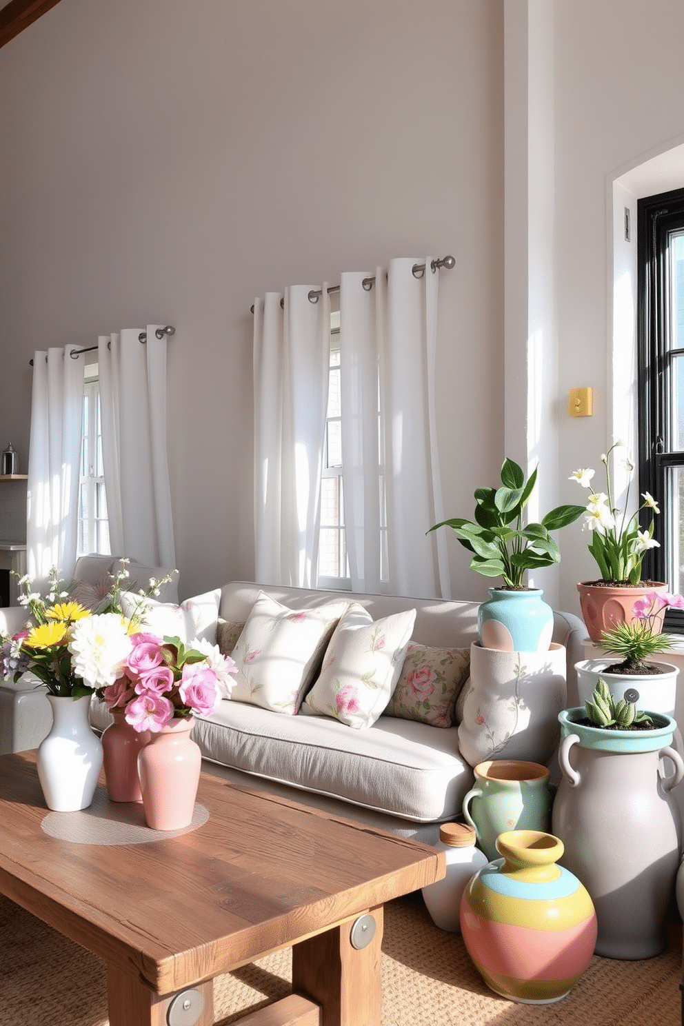 A bright and airy loft space adorned with seasonal decorative accents for spring. Fresh flowers in pastel vases are placed on a rustic wooden coffee table, while soft throw pillows in floral patterns enhance the cozy seating area. Lightweight, sheer curtains flutter gently in the breeze, allowing natural light to fill the room. A collection of colorful ceramic planters with blooming plants sits in the corner, adding a touch of vibrant greenery to the space.