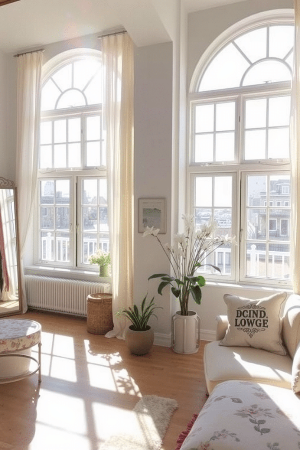 A bright and airy loft space filled with natural light. Large windows allow sunlight to flood the room, reflecting off strategically placed mirrors that amplify the brightness. Incorporate soft pastel colors and floral patterns to evoke a fresh spring vibe. Use lightweight fabrics for curtains and cushions to create a breezy atmosphere that feels welcoming and cheerful.