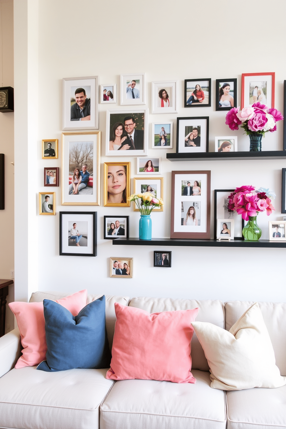 Create a gallery wall featuring an eclectic mix of personal photos in various frames. The wall is painted in a soft white, allowing the colors of the photos to pop beautifully. Incorporate spring loft decorating ideas by adding fresh flowers in vibrant vases on floating shelves. Use pastel-colored cushions on a neutral sofa to create a cozy and inviting atmosphere.