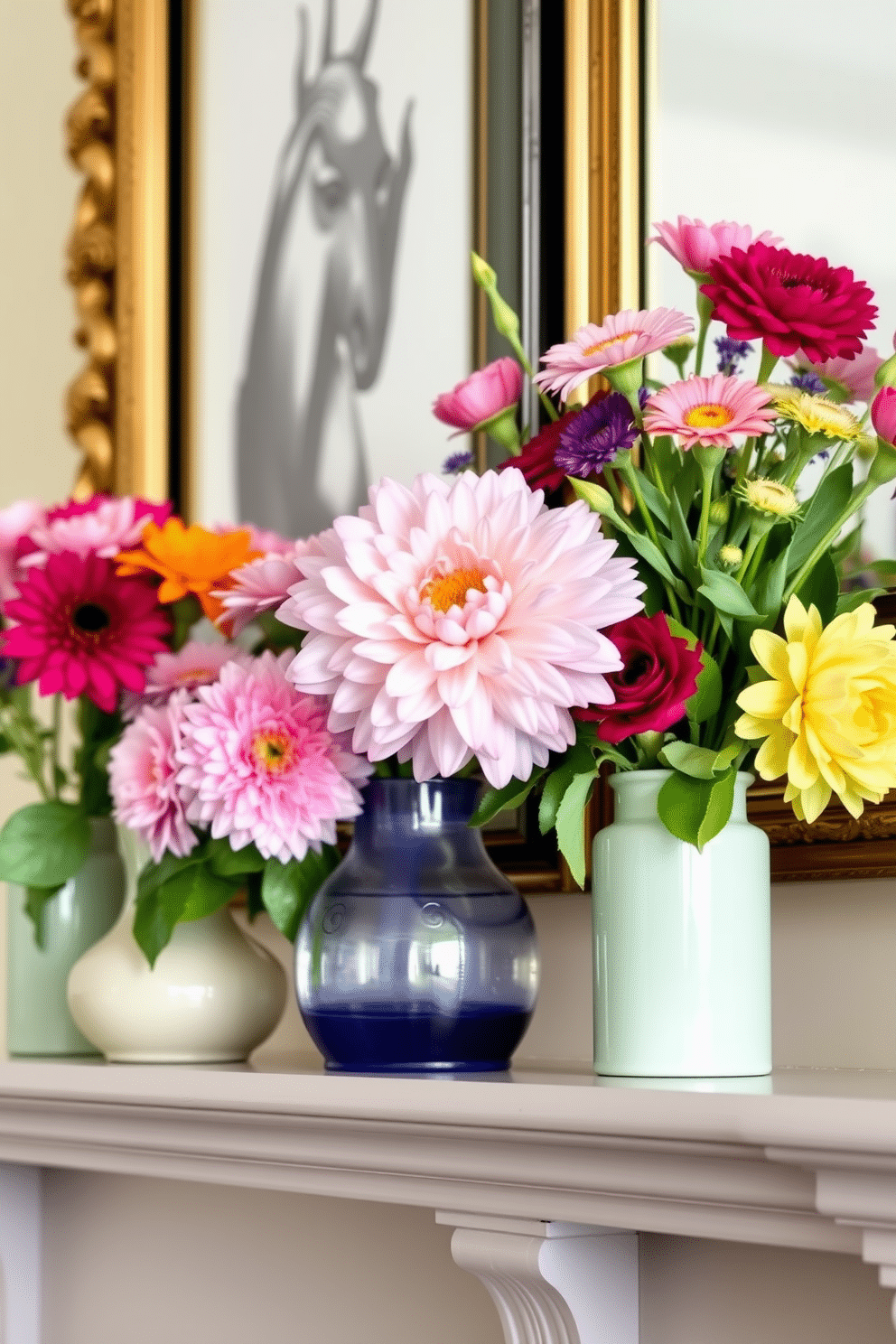 Fresh flowers in pastel vases adorn the mantel, bringing a touch of springtime freshness to the room. The soft colors of the vases complement the natural beauty of the blooms, creating an inviting and cheerful atmosphere.