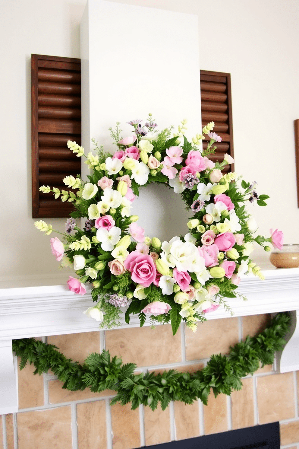 A charming mantel adorned with a seasonal wreath made of vibrant spring blooms. The wreath features a mix of pastel flowers and fresh greenery, creating a lively focal point above the fireplace.