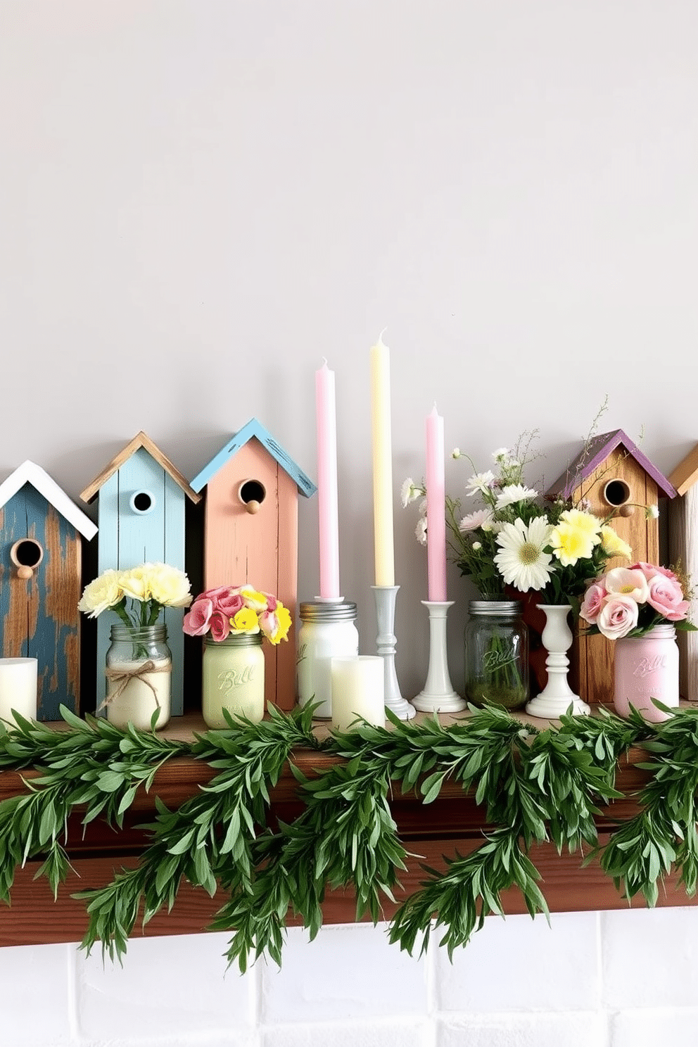 Charming birdhouses made of reclaimed wood are scattered across a rustic mantel. Each birdhouse features unique paint colors and intricate carvings, adding a whimsical touch to the decor. Spring mantel decorating ideas include fresh flowers in mason jars and pastel-colored candles arranged in a harmonious layout. A garland of greenery drapes elegantly across the mantel, creating a vibrant and inviting atmosphere.