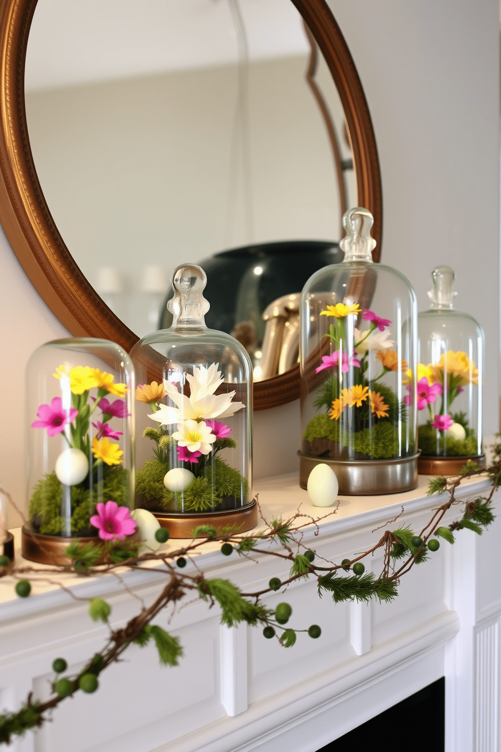 A charming mantel adorned with glass cloches showcasing vibrant spring decor. Each cloche contains a unique arrangement of flowers, moss, and decorative eggs, creating a delightful seasonal display.