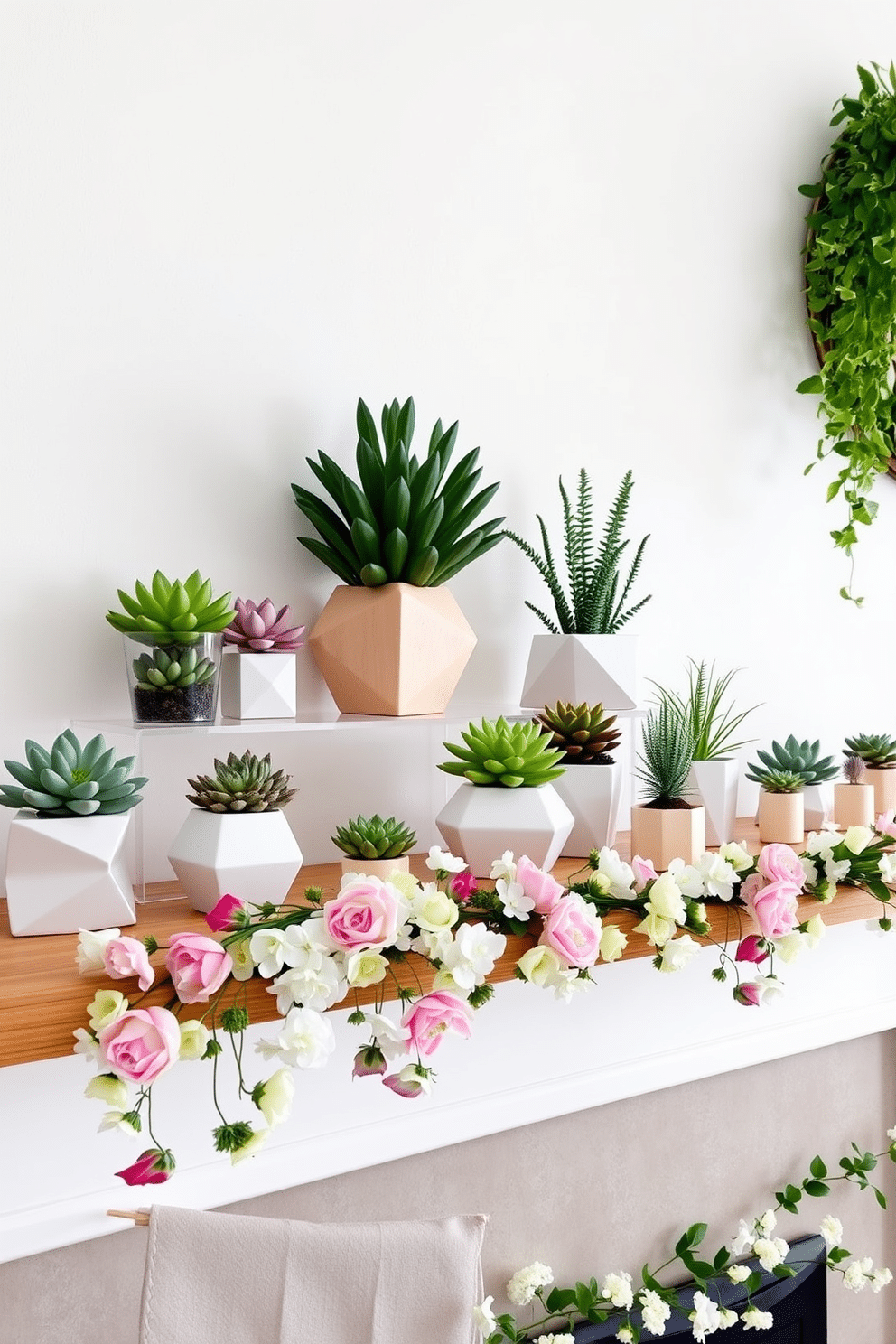 A collection of vibrant succulent arrangements in various geometric planters creates a modern and fresh ambiance. The planters are placed on a minimalist wooden shelf against a white wall, showcasing the lush greenery and colorful accents of the succulents. For spring mantel decorating ideas, a delicate garland of pastel flowers drapes elegantly across the mantelpiece. Complementing the floral arrangement, a series of decorative candles in soft hues add warmth and charm to the overall design.