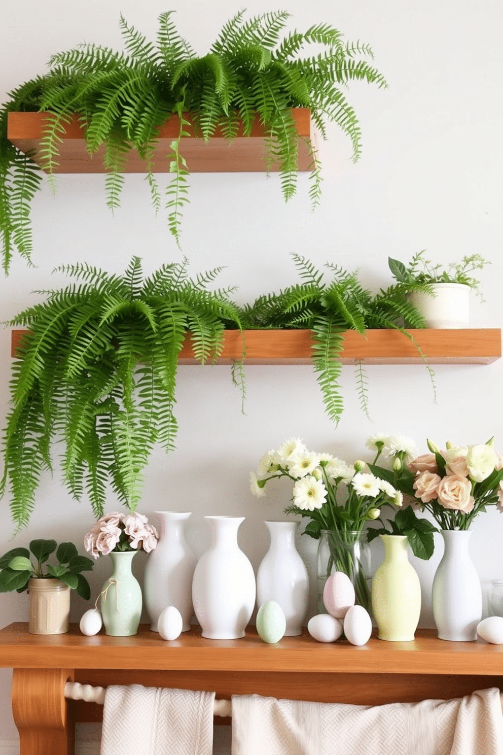 Lush ferns cascading from shelves create a vibrant and refreshing atmosphere in the room. The shelves are made of natural wood, providing a warm contrast to the greenery. For spring mantel decorating ideas, a collection of pastel-colored vases filled with fresh flowers adds a cheerful touch. Incorporating decorative eggs and soft, textured fabrics enhances the seasonal charm.