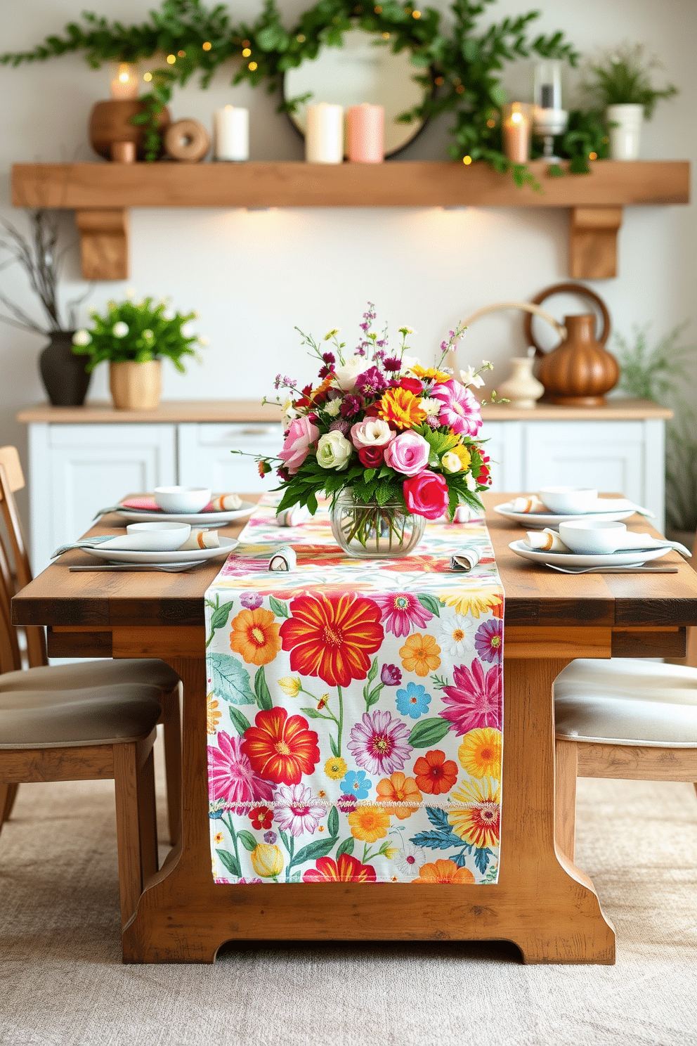 A bright table runner with vibrant floral patterns drapes elegantly over a rustic wooden dining table. The runner features a mix of colorful blooms that evoke a cheerful spring atmosphere, complemented by matching napkins and delicate ceramic tableware. For the mantel, a fresh arrangement of seasonal flowers in a simple glass vase sits at the center, surrounded by small decorative accents like pastel-colored candles and charming figurines. The backdrop is adorned with subtle greenery and soft lighting to enhance the springtime feel.