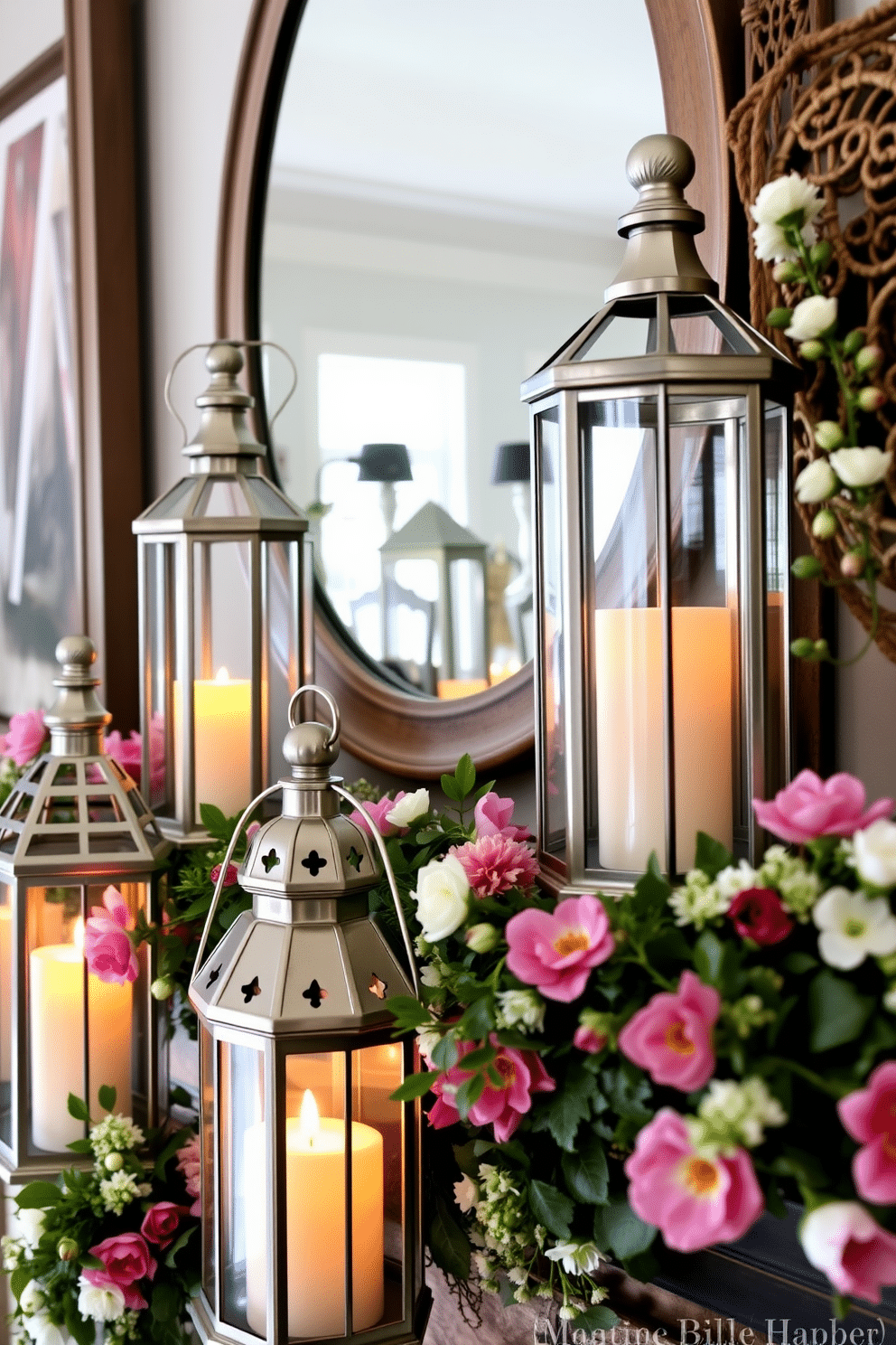 A cozy spring mantel adorned with decorative lanterns that feature flickering candles inside. The lanterns are arranged in varying heights, surrounded by fresh flowers and greenery to create a vibrant and inviting atmosphere.