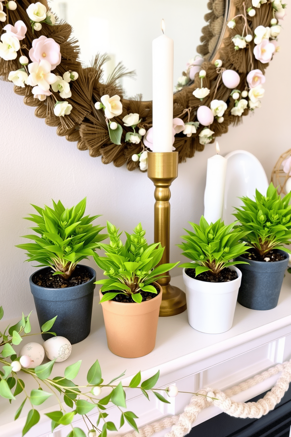 Miniature potted plants are arranged on a spring-themed mantel, bringing a touch of freshness to the space. Each pot features vibrant green foliage, adding life and color against a backdrop of soft pastel decorations. The mantel is adorned with delicate spring accents such as floral garlands and decorative eggs. A few candles in varying heights are placed among the plants, creating a warm and inviting atmosphere.