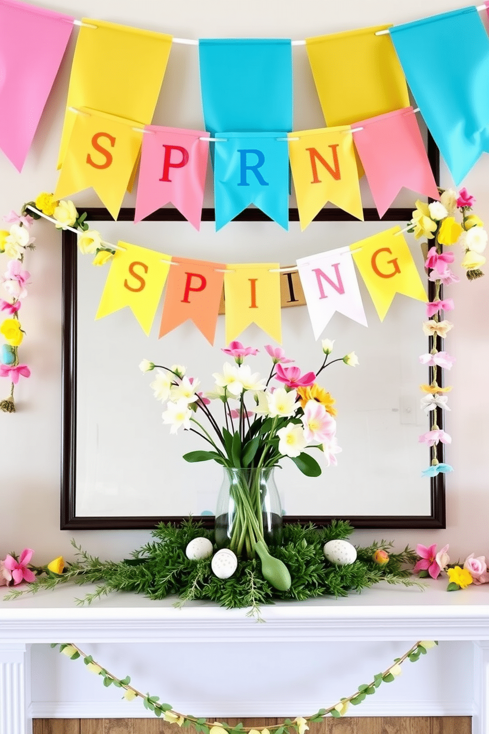 A cheerful spring mantel decorated with vibrant banners and garlands in pastel colors. The mantel features fresh flowers in a vase and decorative eggs nestled among greenery.