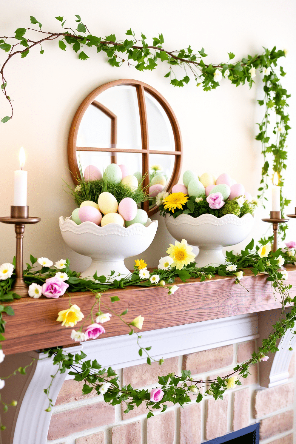 A charming spring mantel adorned with decorative bowls filled with colorful Easter eggs. The bowls are arranged artfully on a rustic wooden shelf, complemented by fresh flowers in soft pastels. Delicate garlands of greenery drape elegantly across the mantel, enhancing the festive atmosphere. Soft candlelight flickers from stylish holders, adding warmth and inviting charm to the spring decor.