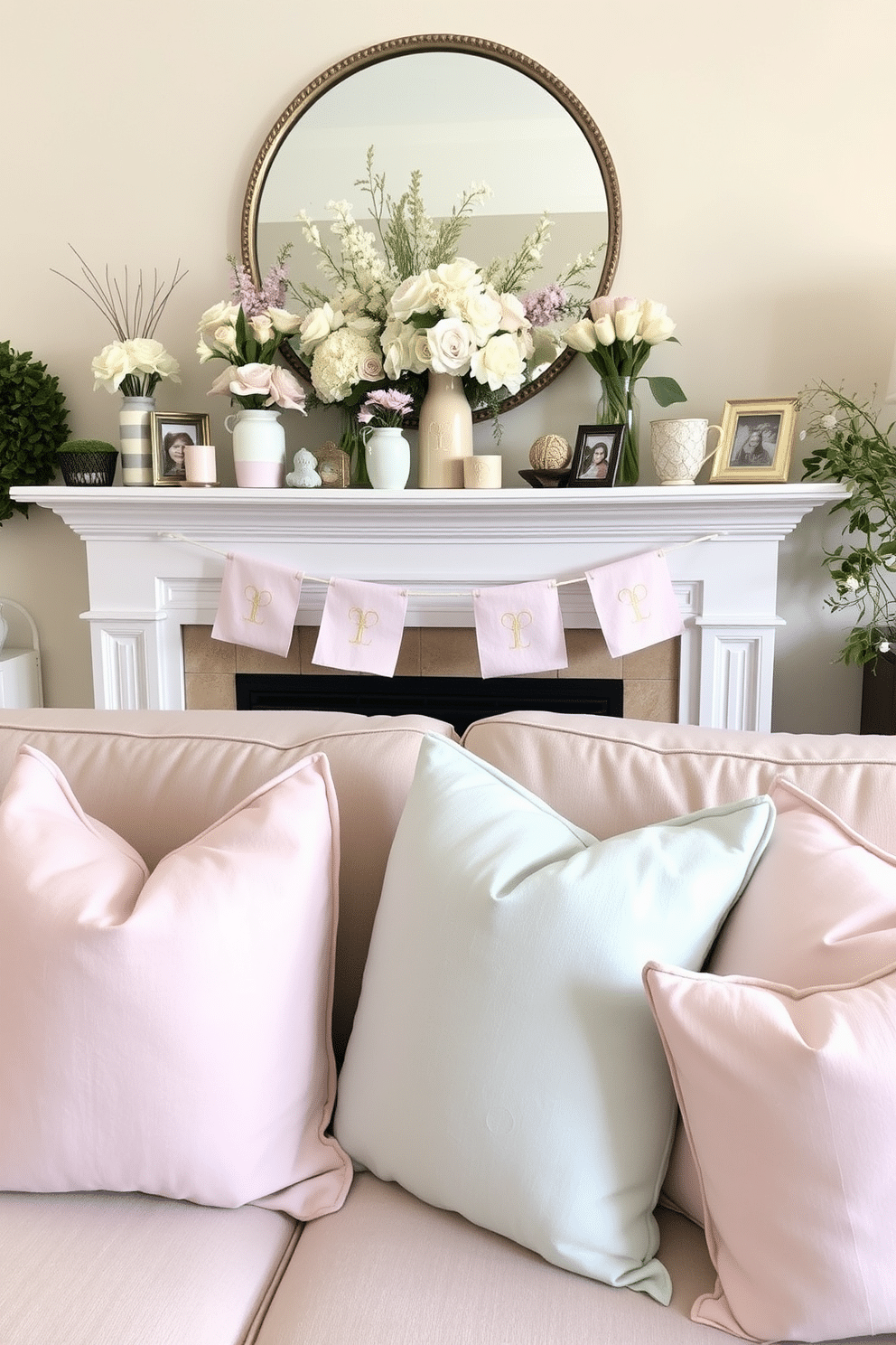 Pastel colored throw pillows are arranged on a plush sofa, creating a soft and inviting atmosphere in the living room. The pillows feature various floral patterns and solid colors, enhancing the overall decor with a touch of spring. The mantel is beautifully decorated for the season, showcasing a mix of fresh flowers in pastel vases and delicate candles. A few framed family photos and seasonal decorations add a personal touch, completing the charming spring aesthetic.