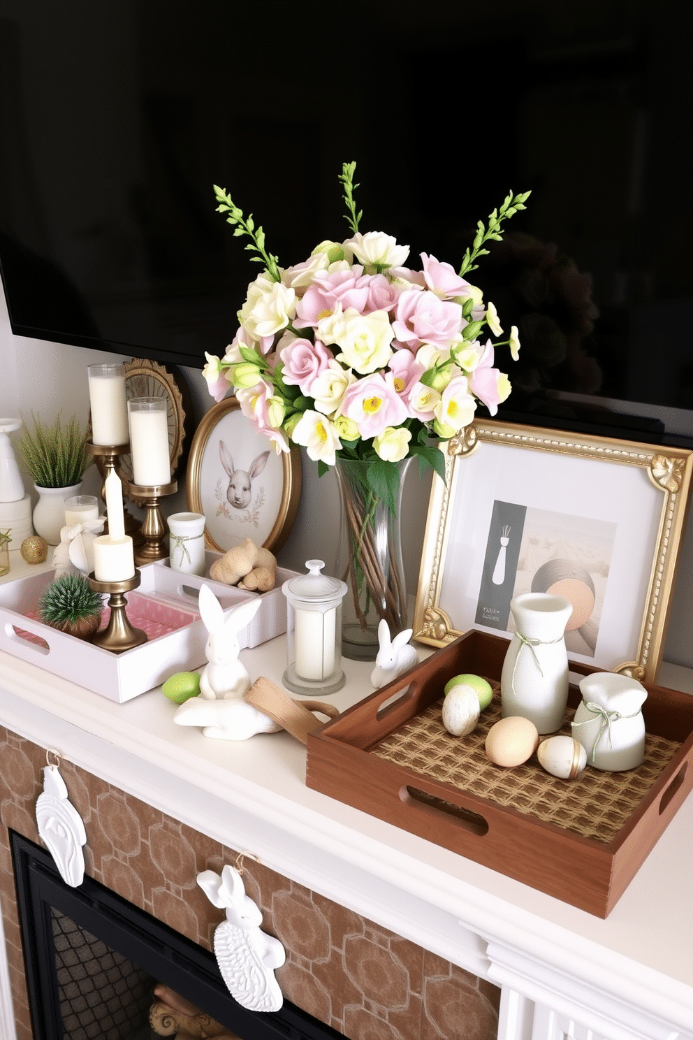 A collection of decorative trays in various sizes and materials is arranged on a stylish mantel. Each tray features a unique design, holding items like candles, small plants, and decorative objects that enhance the spring theme. Fresh flowers in pastel colors are placed in a beautiful vase at the center of the mantel. Complementing the floral arrangement, seasonal decor items like bunnies and eggs are artfully scattered around the trays for a festive touch.