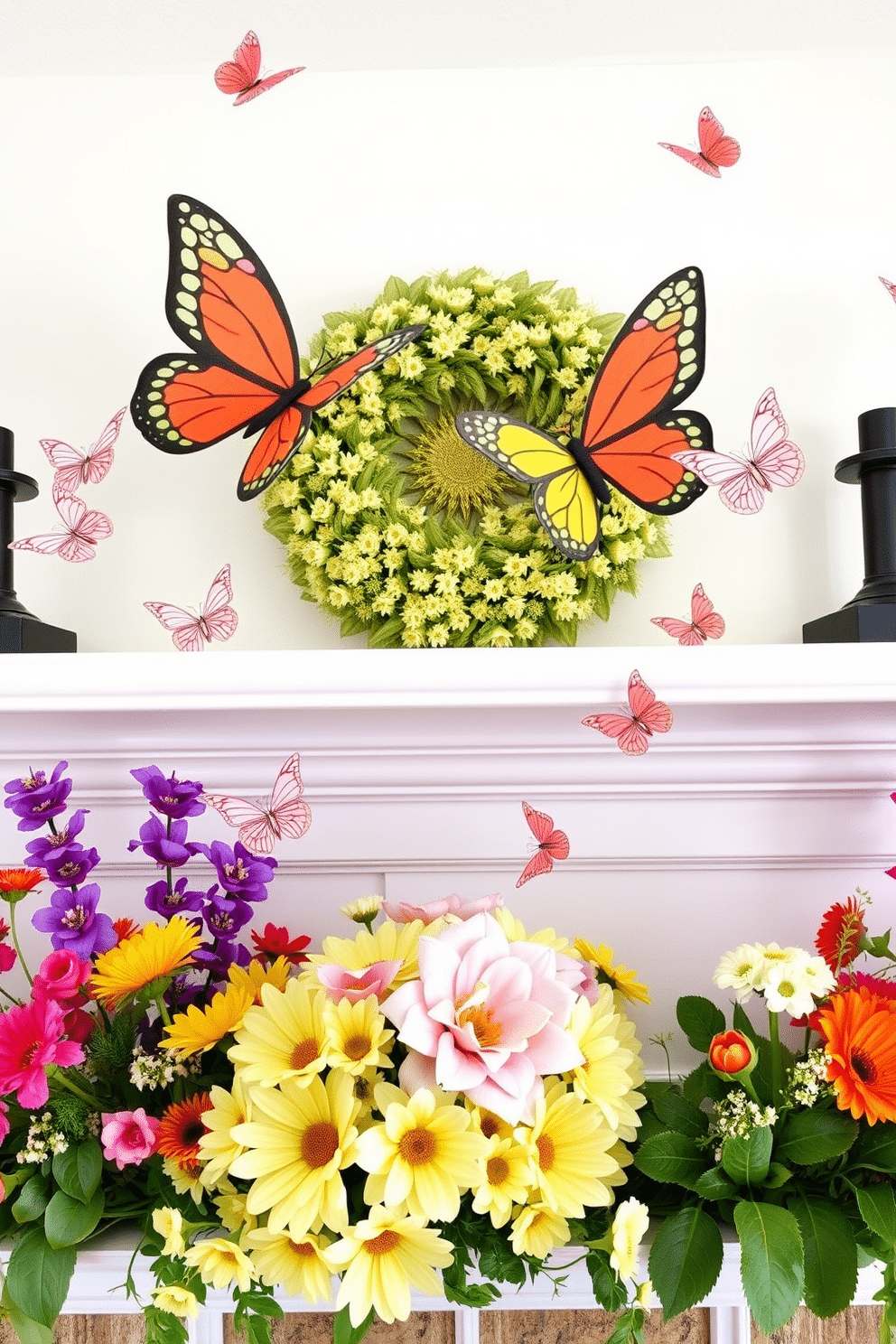 A charming spring mantel adorned with whimsical butterflies fluttering around colorful floral arrangements. The butterflies are crafted from delicate materials, adding a playful touch to the vibrant decor.