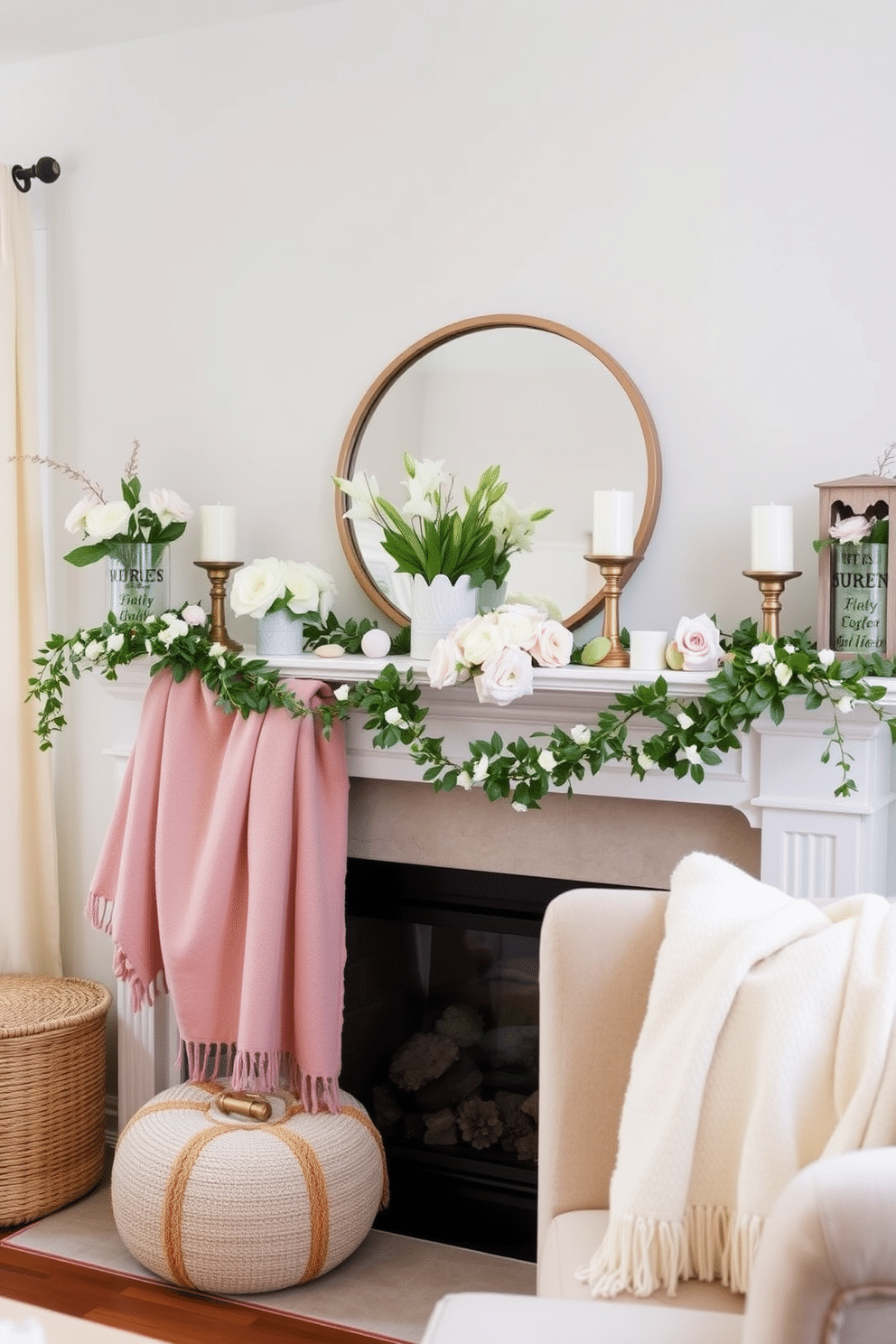 A cozy living room setting featuring a beautifully decorated mantel for spring. The mantel is adorned with soft throw blankets in light colors, complemented by pastel floral arrangements and decorative candles. Lightly draped over the mantel, the throw blankets create an inviting atmosphere. Fresh greenery and seasonal accents add a touch of nature, enhancing the overall spring aesthetic.