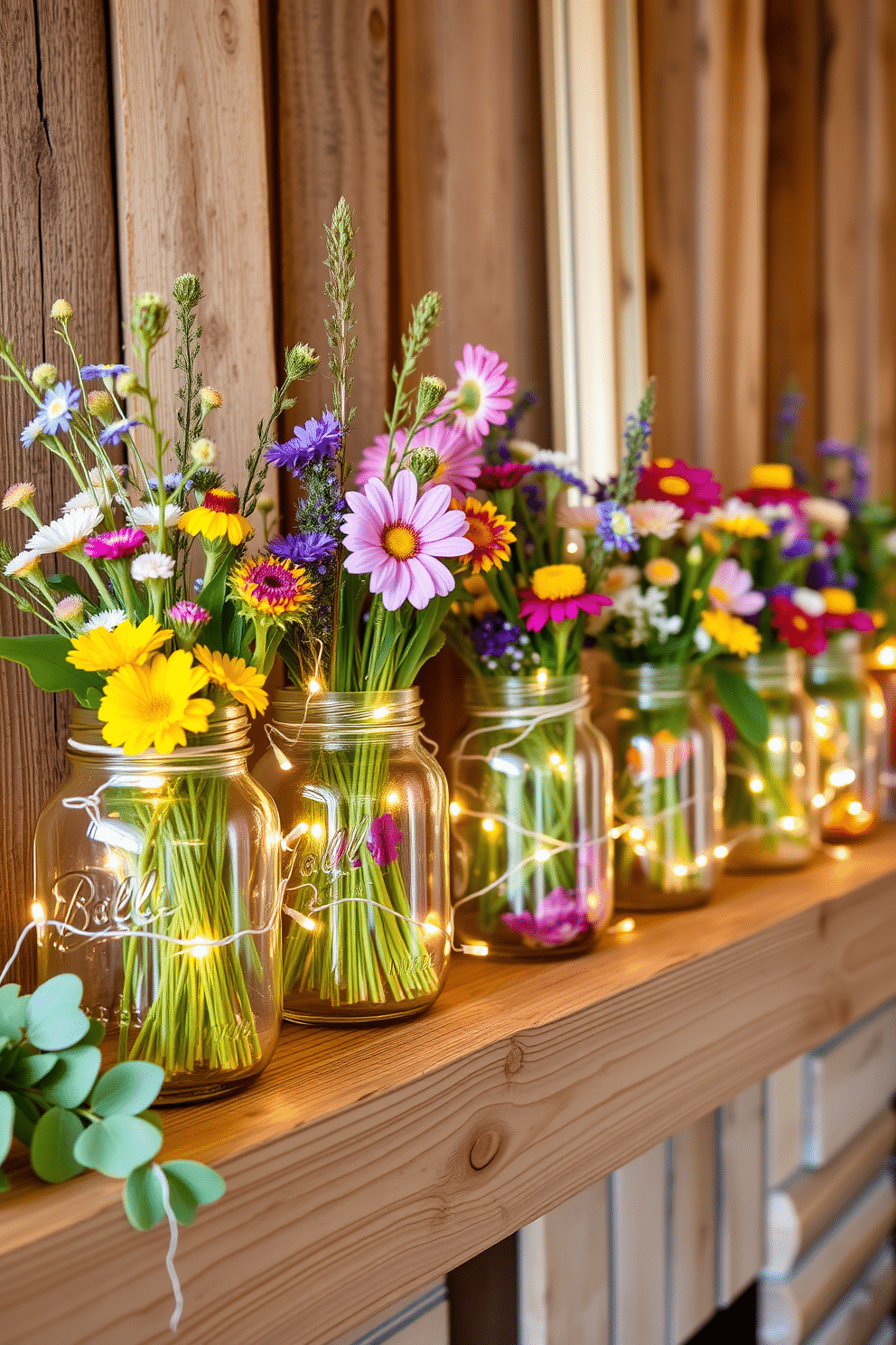 Mason jars filled with wildflowers are arranged along a rustic wooden mantel. The vibrant colors of the flowers contrast beautifully with the natural wood, creating a cheerful spring ambiance. Delicate fairy lights are intertwined among the jars, adding a warm glow to the display. Soft green foliage complements the wildflowers, enhancing the fresh and inviting feel of the mantel decor.