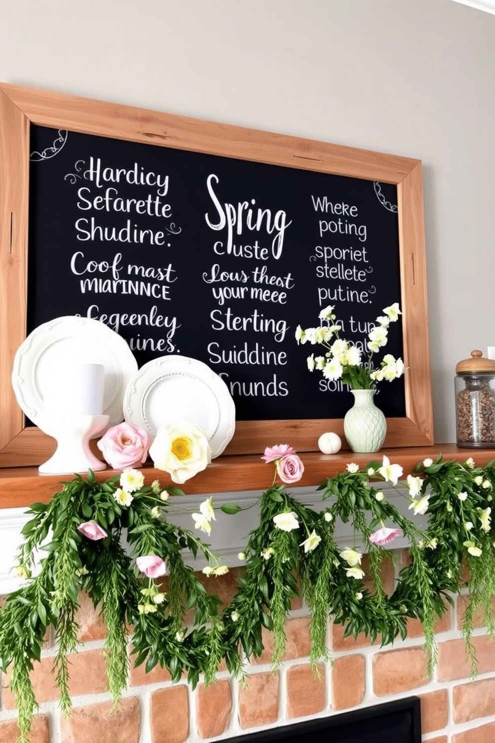 A charming chalkboard adorned with inspirational spring quotes is the focal point of the room. The board is framed in rustic wood, creating a warm and inviting atmosphere. The mantel is beautifully decorated with a mix of fresh flowers and pastel-colored accents. Delicate garlands of greenery drape elegantly across the mantel, adding a touch of nature to the spring theme.