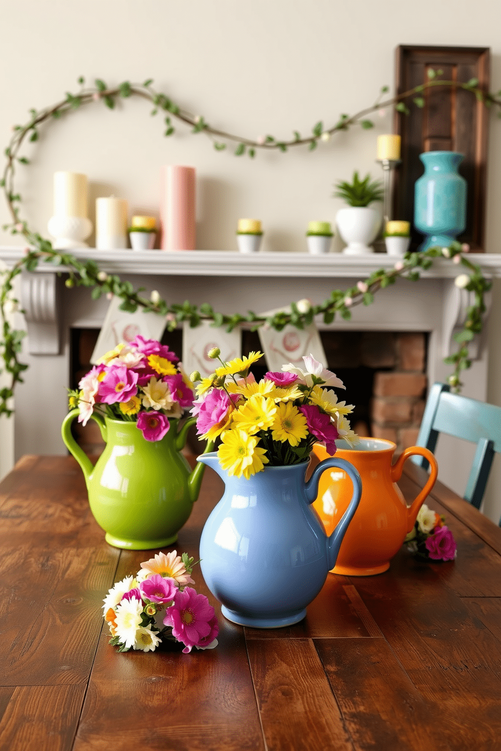 Colorful ceramic pitchers in vibrant hues are arranged as centerpieces on a rustic wooden table. Surrounding the pitchers are fresh flowers in complementary colors, creating a lively and inviting atmosphere. The mantel is adorned with spring-themed decorations, featuring pastel-colored candles and small potted plants. A delicate garland of greenery drapes across the mantel, adding a touch of nature to the cheerful display.