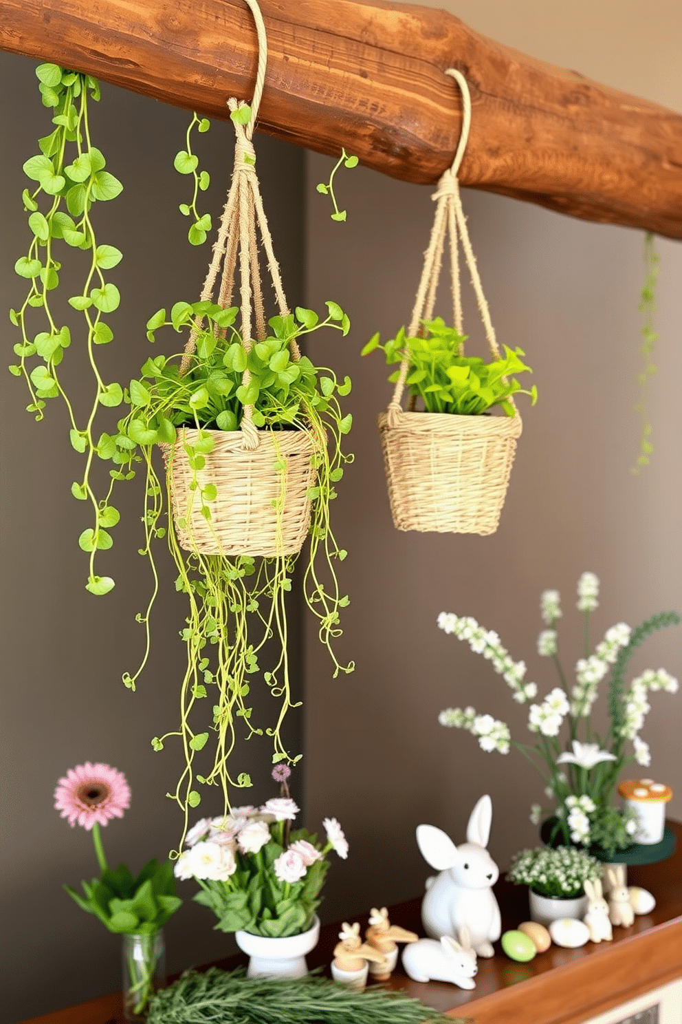 Hanging planters filled with vibrant green plants cascade down from a rustic wooden beam, bringing a refreshing vertical element to the room. The planters are made of woven natural materials, adding texture and warmth to the space. The mantel is adorned with delicate spring-themed decorations, featuring pastel-colored flowers and soft greenery. A collection of decorative eggs and small bunnies are artfully arranged, creating a cheerful and inviting atmosphere.