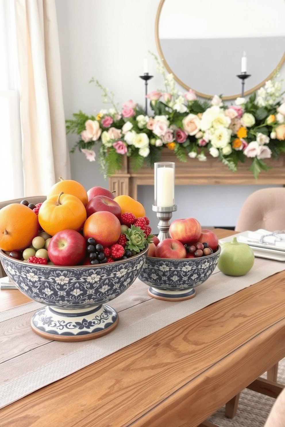 A vibrant display of seasonal fruits arranged in decorative bowls sits atop a rustic wooden table. The bowls are crafted from ceramic and feature intricate patterns, showcasing an array of colorful fruits like oranges, apples, and berries. The spring mantel is adorned with fresh floral arrangements and pastel-colored accents. Delicate candles and small decorative items are strategically placed to create a warm and inviting atmosphere.