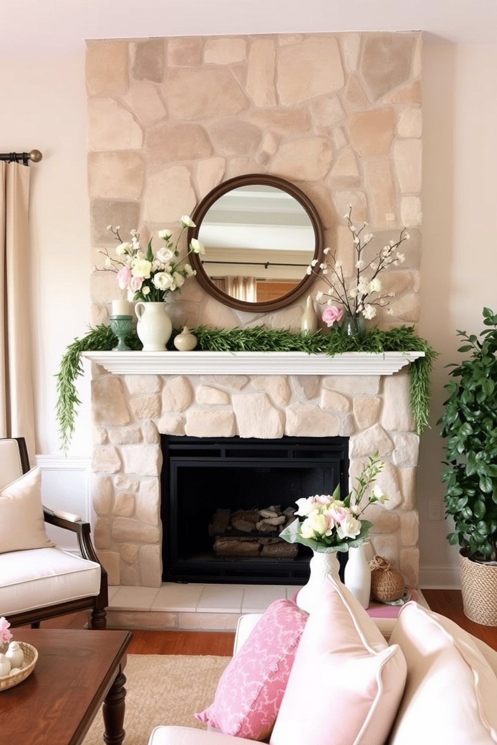 A cozy living room featuring a spring mantel decorated with fresh flowers and greenery. The natural stone accents provide a grounded look, enhancing the warmth of the space. The mantel is adorned with pastel-colored vases and seasonal decor that evoke a sense of renewal. Soft, neutral tones on the walls complement the natural textures of the stone, creating an inviting atmosphere.